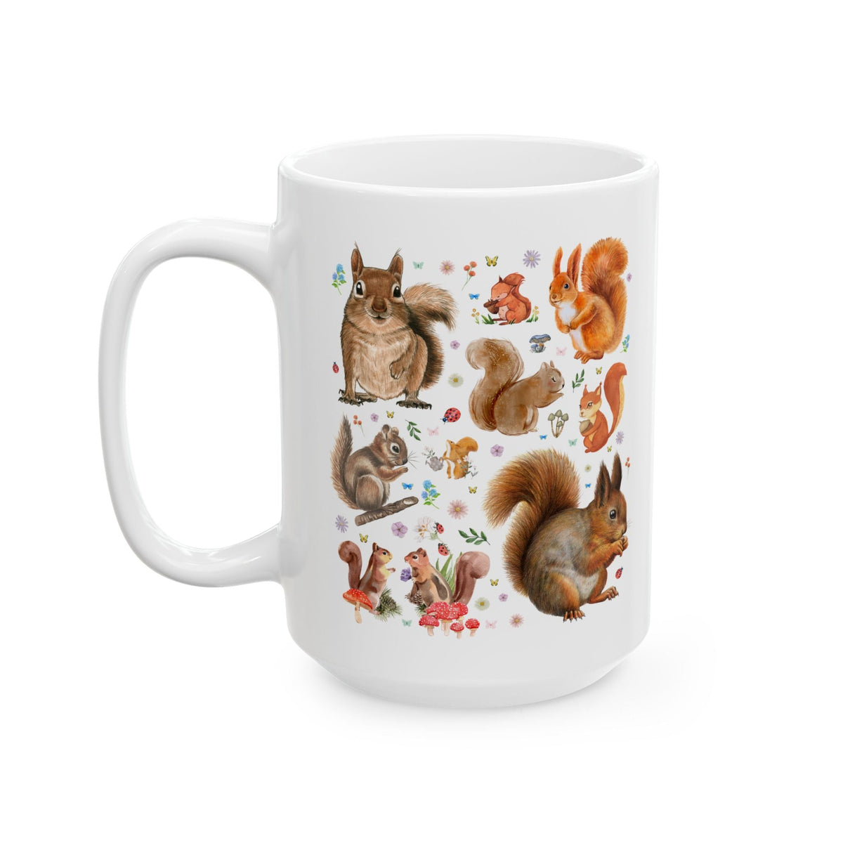 Cottagecore Squirrel Animal Lover Coffee Mug for Fall with Flowers and Mushrooms, Cute Colorful Maximalist 90s Aesthetic Squirrel Mug - Opal and June