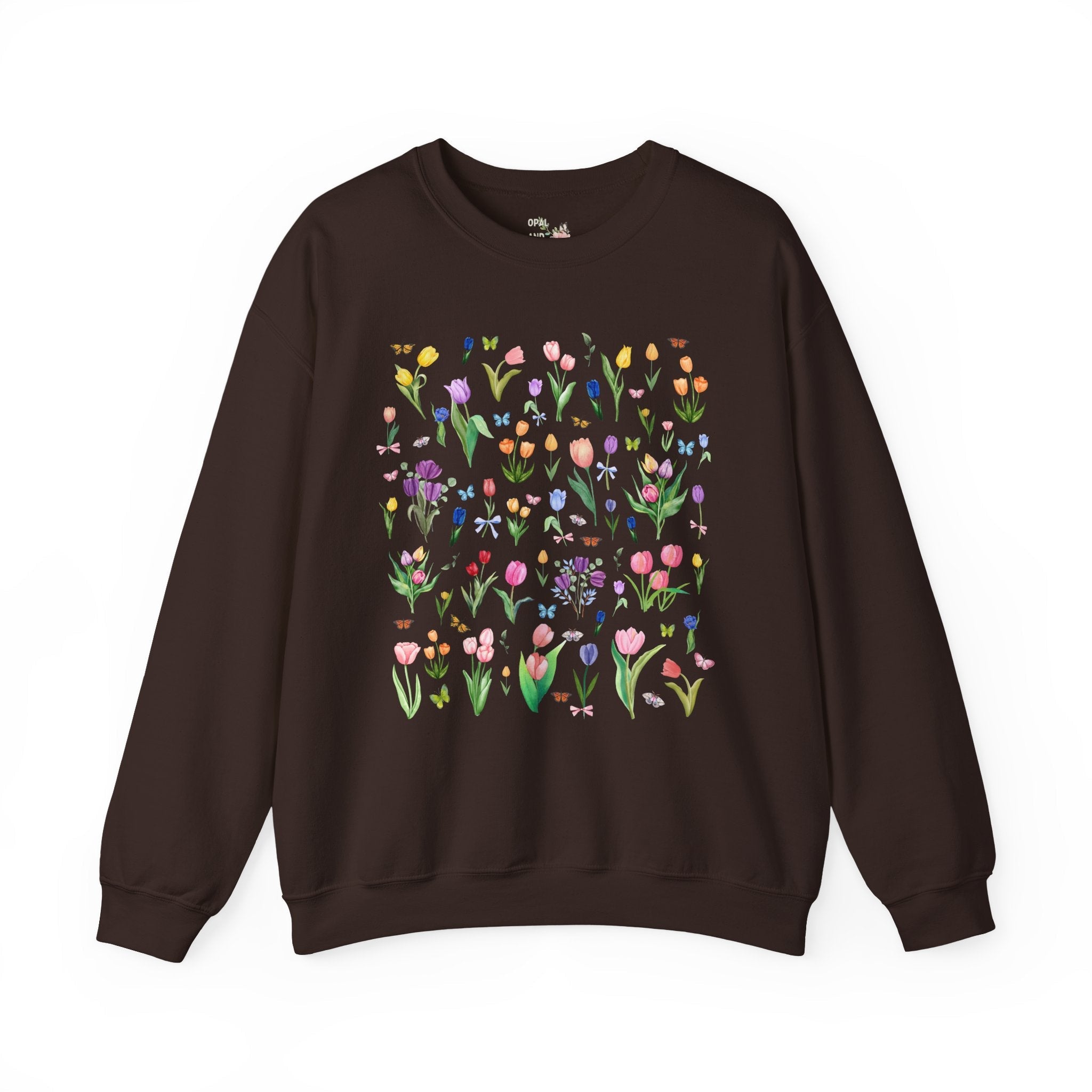 Cottagecore Tulip Sweatshirt with Boho Butterfly Aesthetic: Cute Whimsigoth Crewneck for Friend Who Loves Gardening, Colorful Spring Flowers - Opal and June