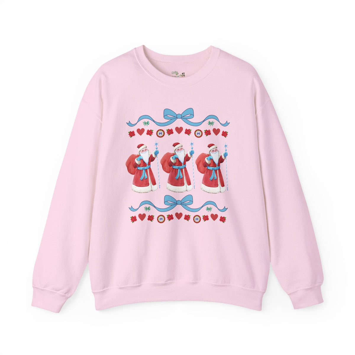 Cottagecore Watercolor Santa Sweatshirt with Ribbon and Hearts: Cute and Nostalgic Traditional Christmas Santa Claus Crewneck - Opal and June