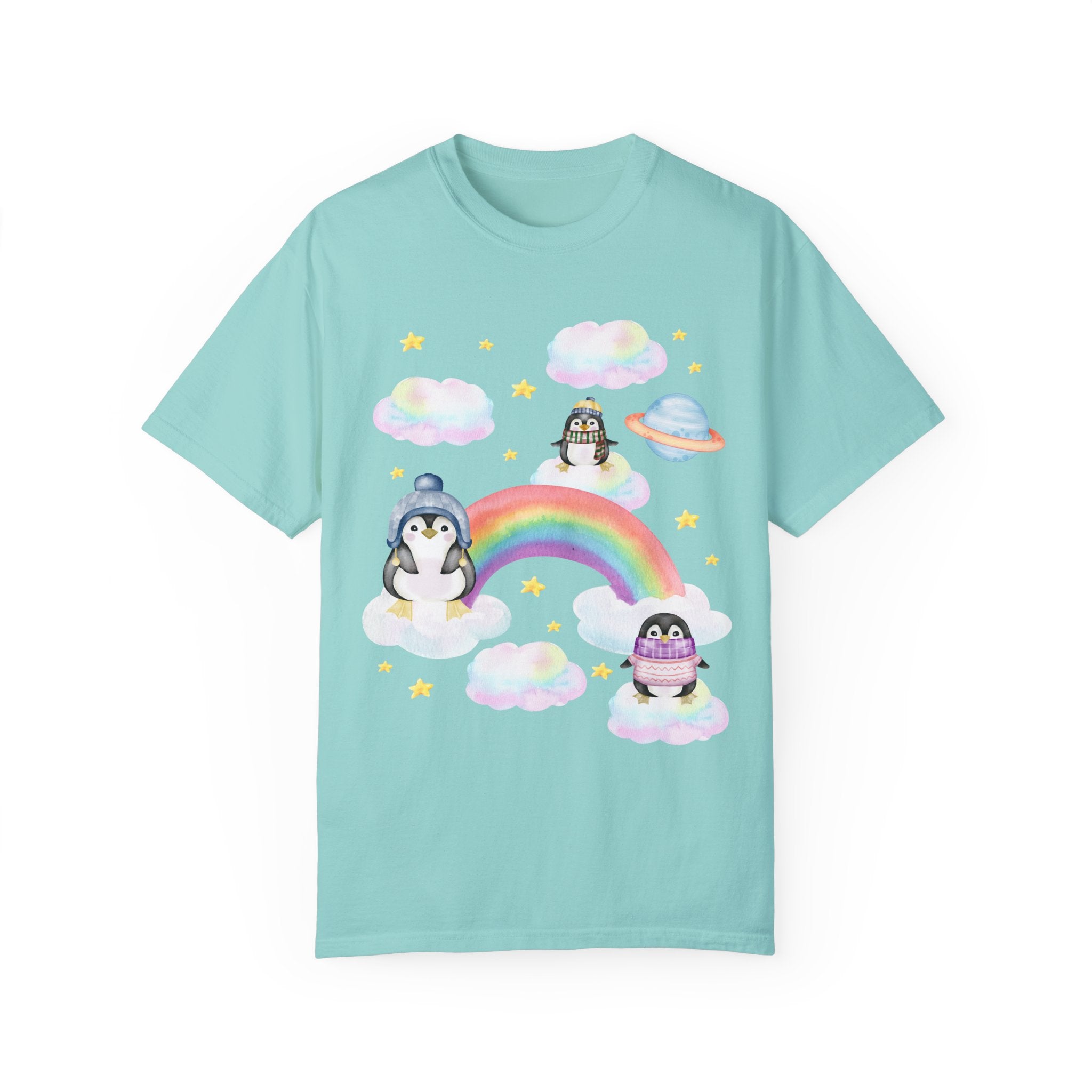 Cozy and Colorful T-Shirt for Penguin Lover: Tee with Rainbow and Mystical Stars | Funny Penguin Tee Shirt for Animal Lover, T-Shirt for Zoo - Opal and June
