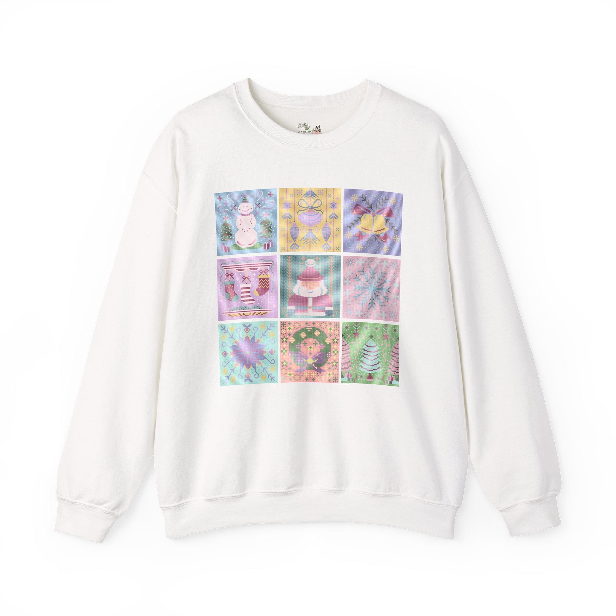Cross Stitch Style Christmas Sweatshirt: Cute Pastel Xmas Shirt for Holiday Party | Colorful Retro Aesthetic Shirt with Santa and Snowman - Opal and June