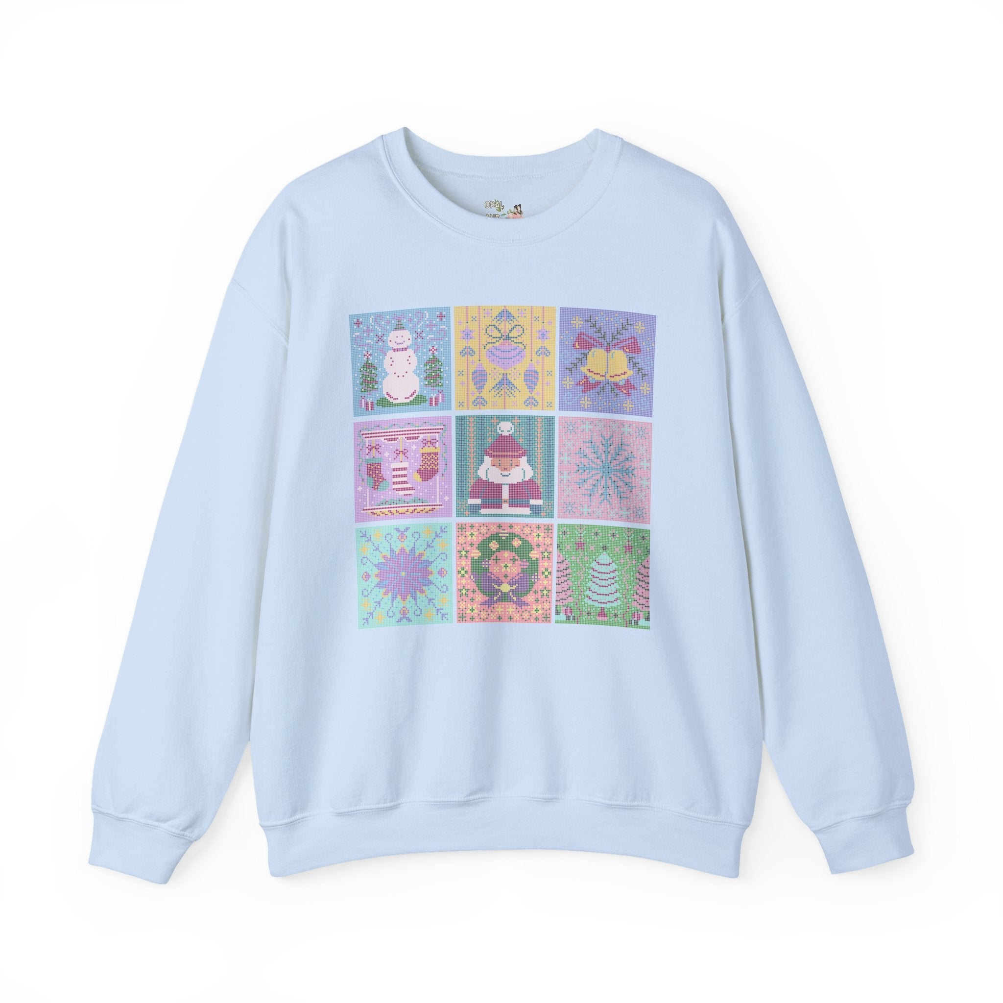 Cross Stitch Style Christmas Sweatshirt: Cute Pastel Xmas Shirt for Holiday Party | Colorful Retro Aesthetic Shirt with Santa and Snowman - Opal and June