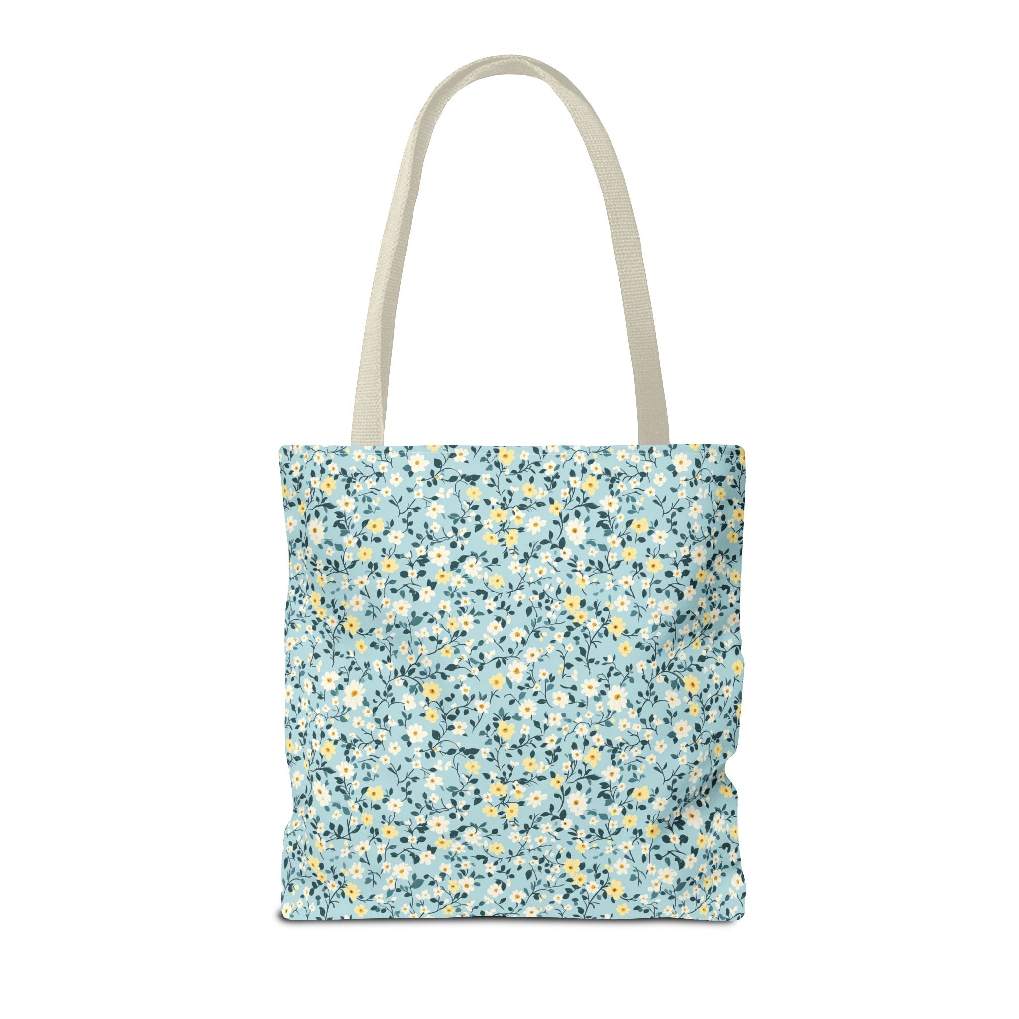 Custom Gingham Initial Tote Bag with Blue and Yellow Flowers, Cute Blue Gingham Pattern, Wildflower Retro Aesthetic Tote Bag with Letter - Opal and June