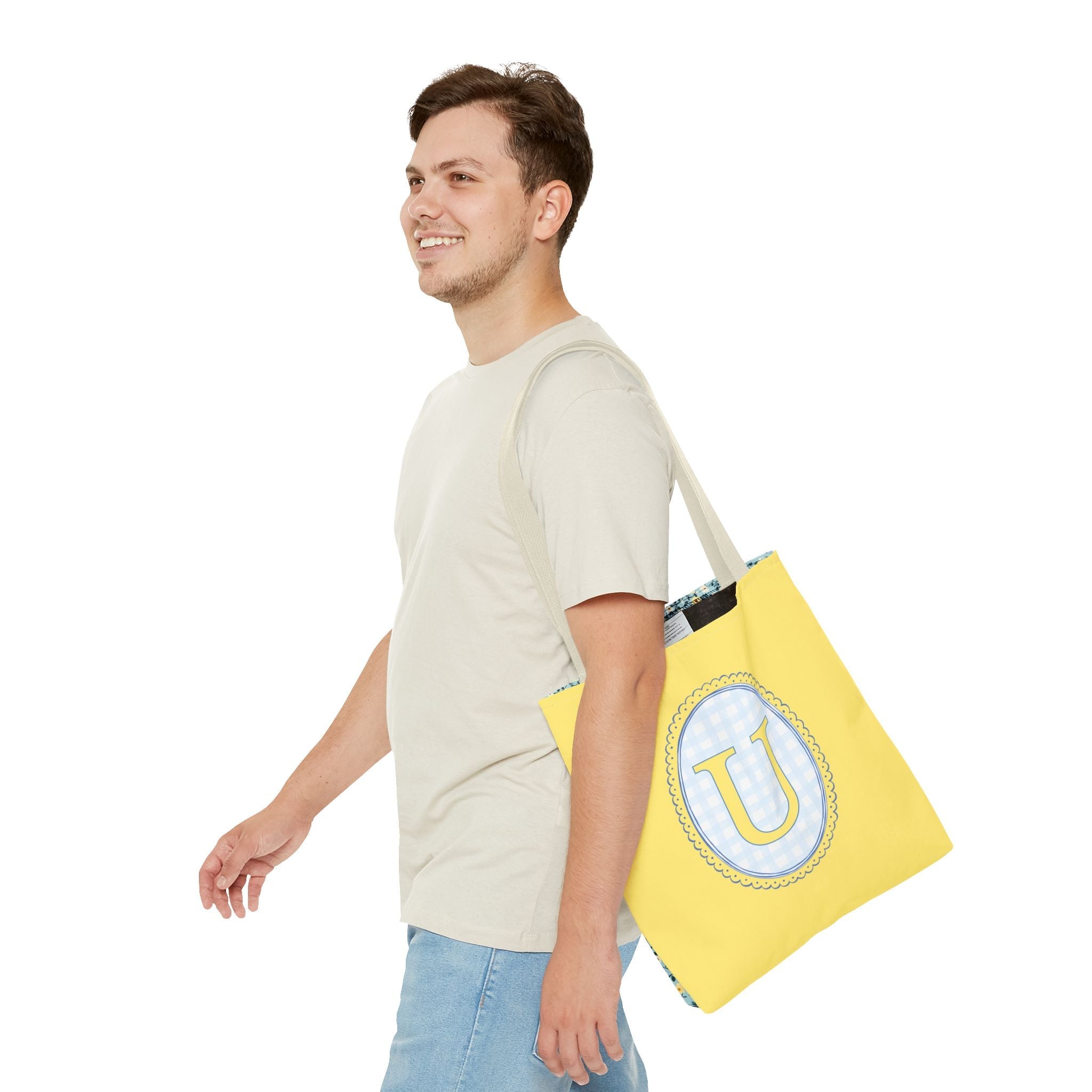 Custom Gingham Initial Tote Bag with Blue and Yellow Flowers, Cute Blue Gingham Pattern, Wildflower Retro Aesthetic Tote Bag with Letter: U - Opal and June