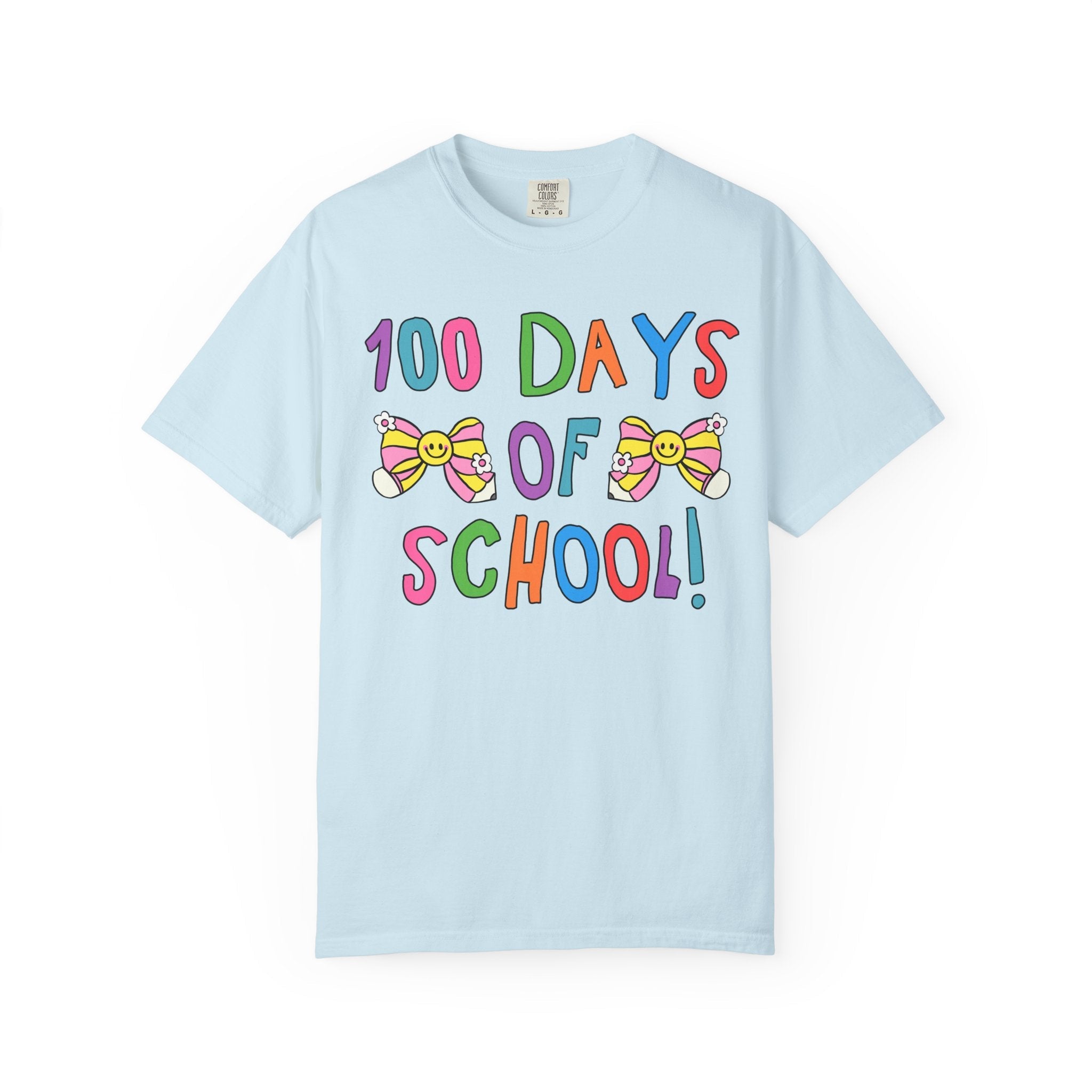 Cute 100 Days of School Tee Shirt with Bows, Colorful Maximalist 90s Aesthetic T-Shirt for First Grade Crew, Matching Second Grade Teacher T - Opal and June