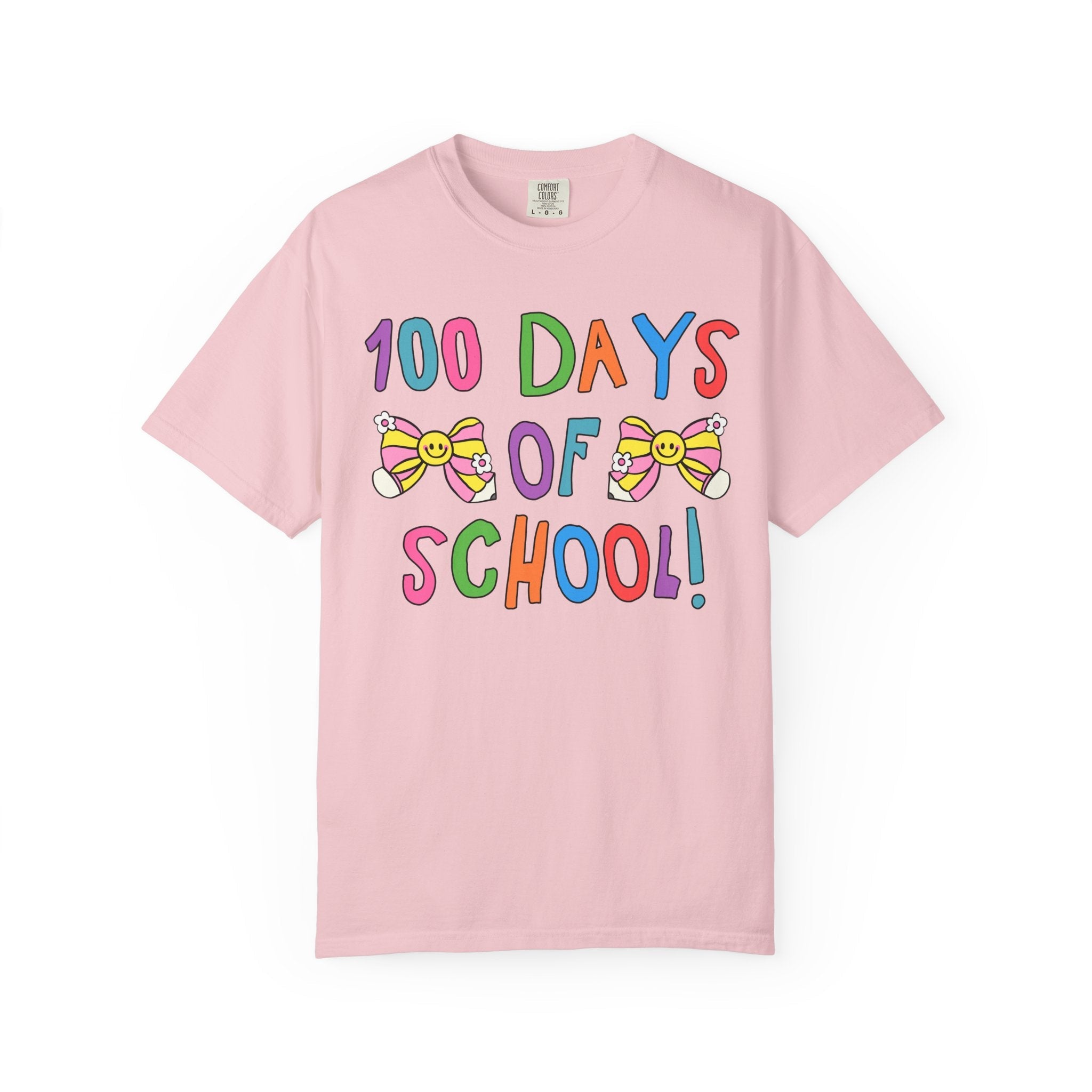 Cute 100 Days of School Tee Shirt with Bows, Colorful Maximalist 90s Aesthetic T-Shirt for First Grade Crew, Matching Second Grade Teacher T - Opal and June