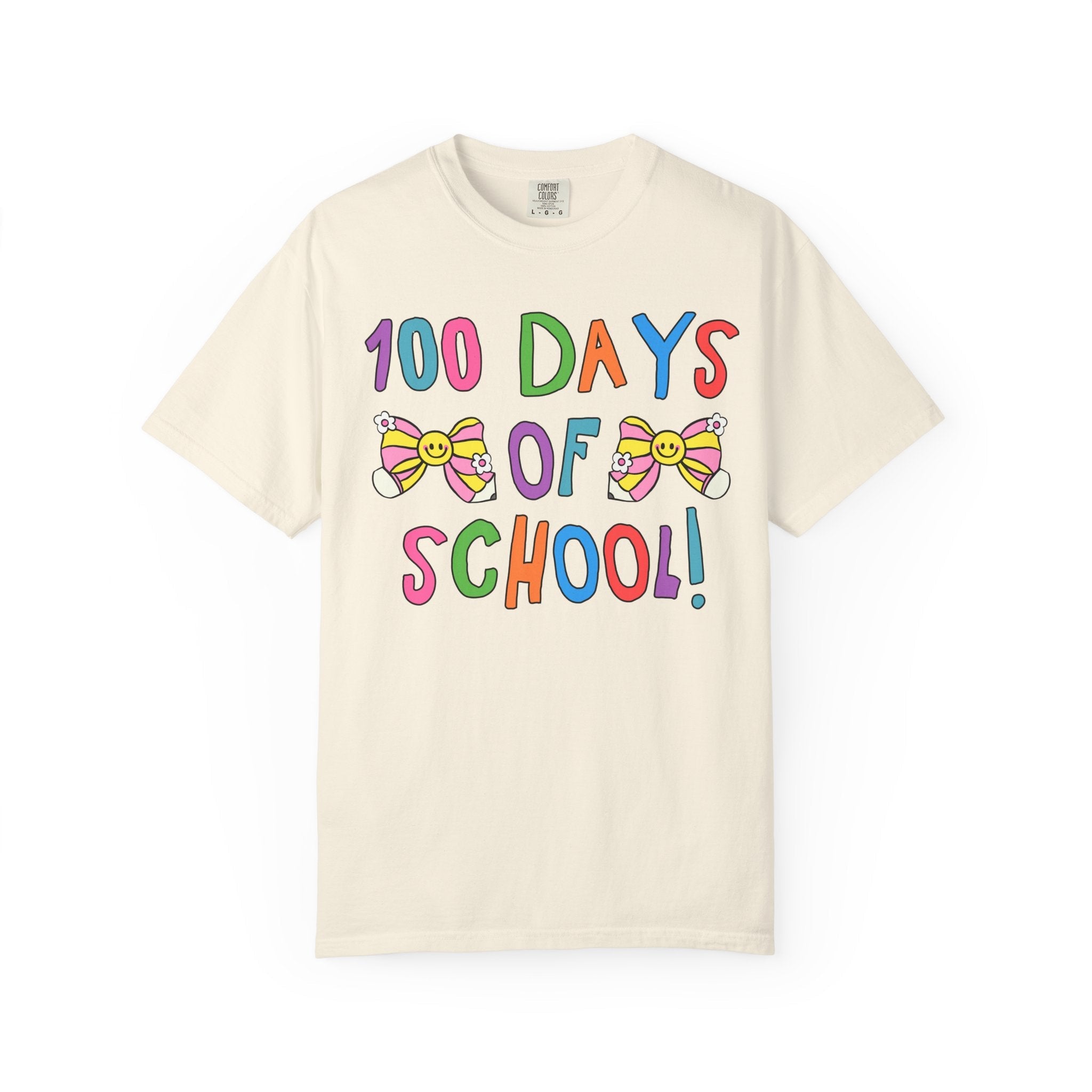 Cute 100 Days of School Tee Shirt with Bows, Colorful Maximalist 90s Aesthetic T-Shirt for First Grade Crew, Matching Second Grade Teacher T - Opal and June