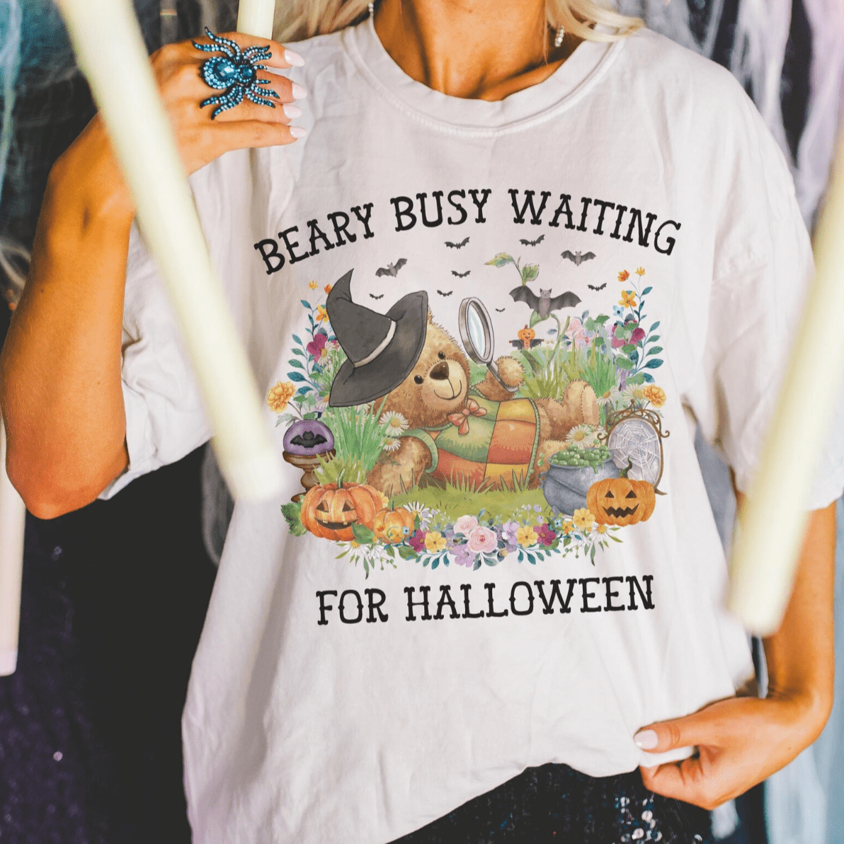 Cute Bear Halloween Tee Shirt with Flowers - Opal and June