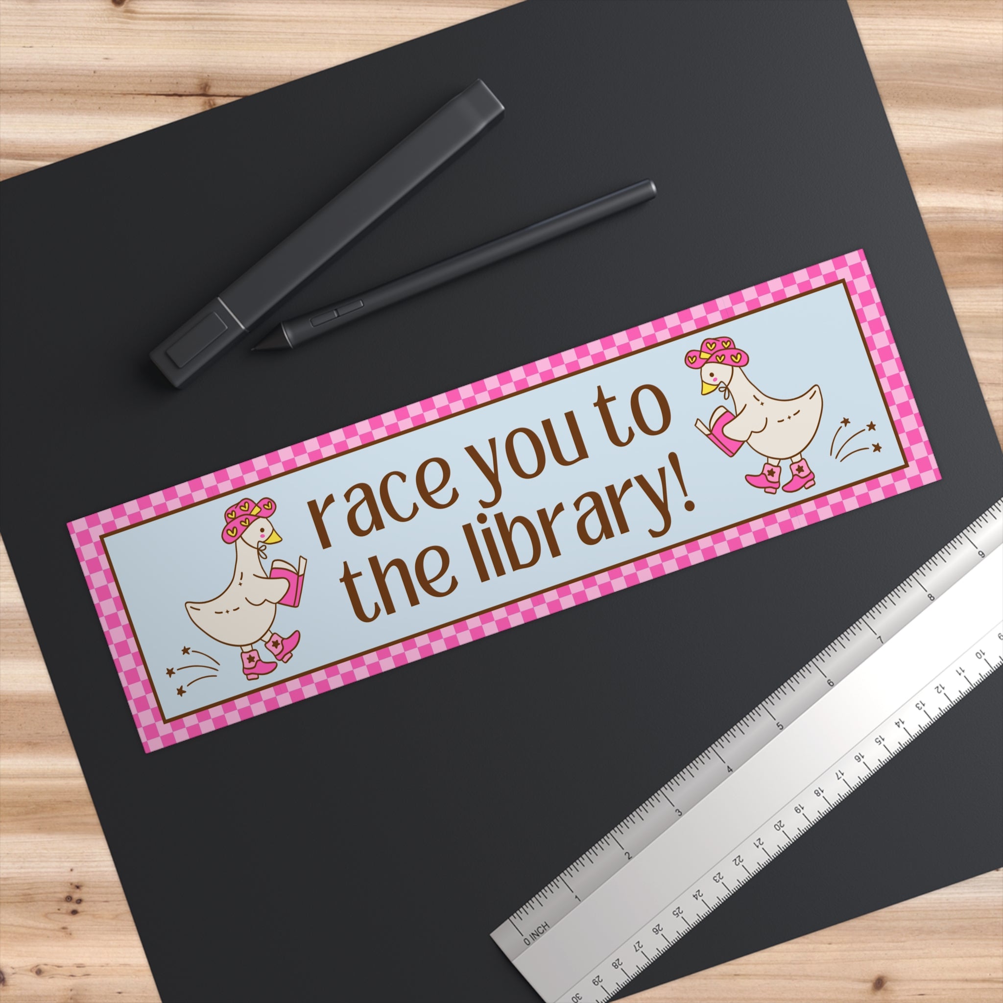 Cute Book Lover Bumper Sticker: Race You To The Library! | Funny Bookish Gift for Reader or Bookworm, Silly Western Goose New Driver Sticker - Opal and June