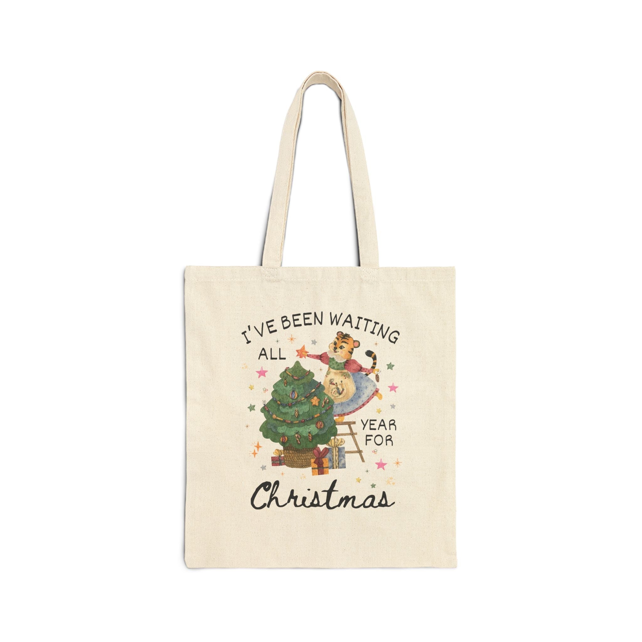 Cute Christmas Tote Bag, Nineties Throwback Xmas Tote for Animal Lover, Colorful Tiger Tote Bag with Stars, Boho Holiday - Opal and June