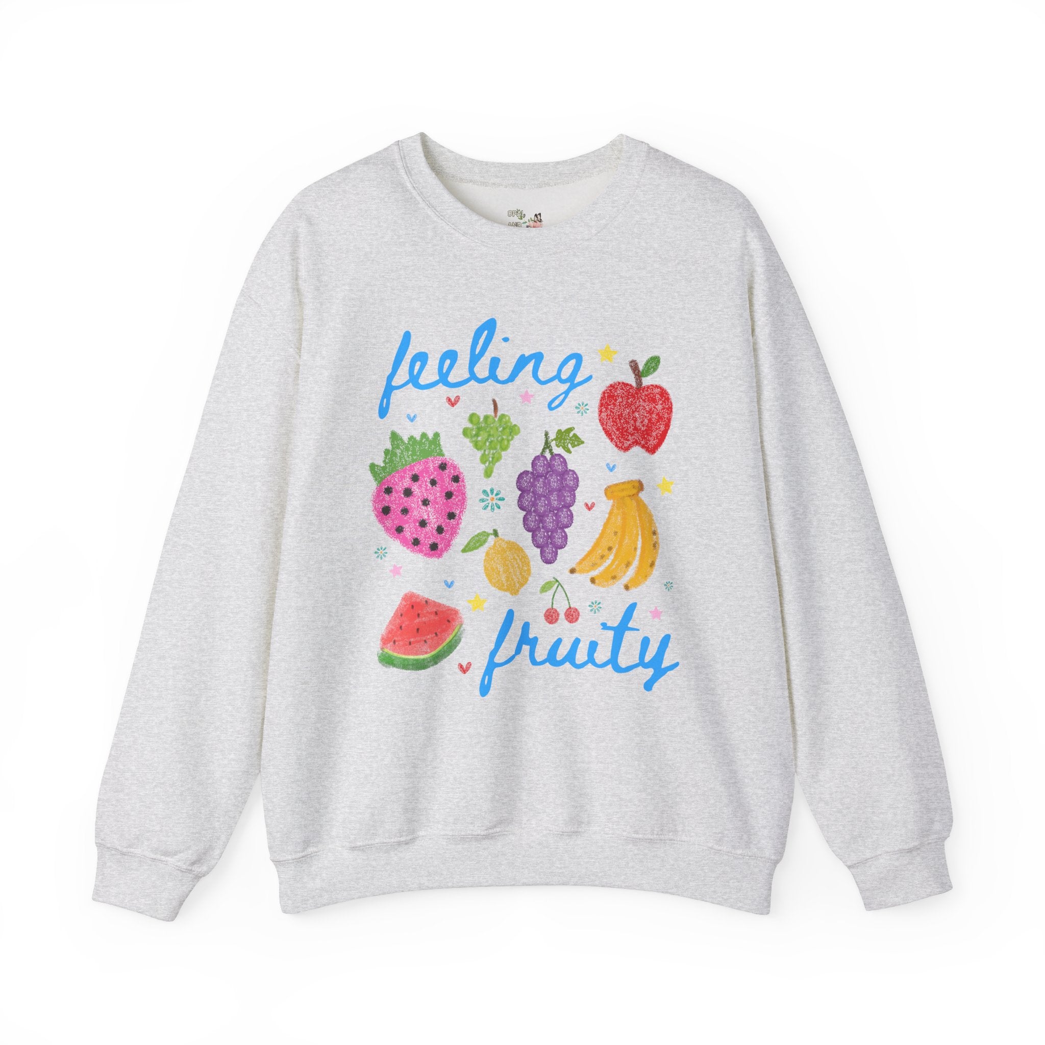 Cute Feeling Fruity Sweatshirt for Vegetarian, Silly LGBTQ Pride Month Crewneck with Stars, 90s Throwback Doodle Aesthetic Fruit Lover Gift - Opal and June
