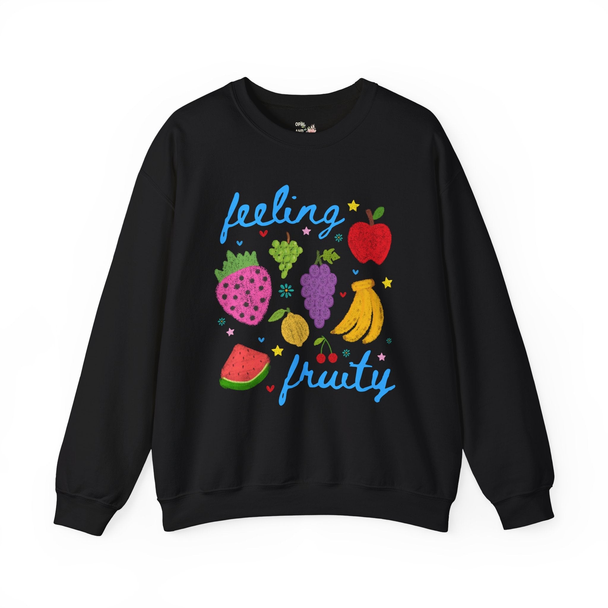 Cute Feeling Fruity Sweatshirt for Vegetarian, Silly LGBTQ Pride Month Crewneck with Stars, 90s Throwback Doodle Aesthetic Fruit Lover Gift - Opal and June