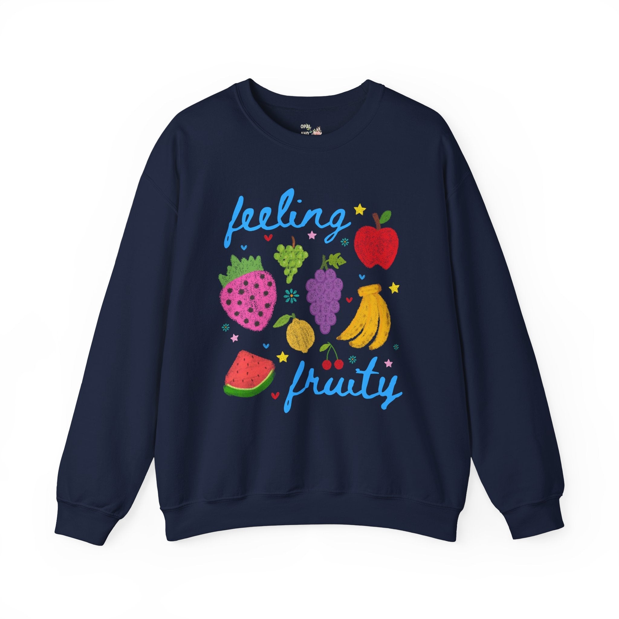 Cute Feeling Fruity Sweatshirt for Vegetarian, Silly LGBTQ Pride Month Crewneck with Stars, 90s Throwback Doodle Aesthetic Fruit Lover Gift - Opal and June