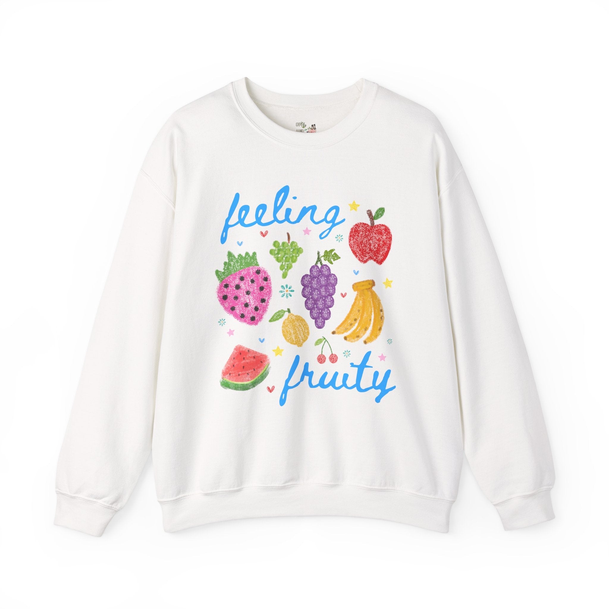 Cute Feeling Fruity Sweatshirt for Vegetarian, Silly LGBTQ Pride Month Crewneck with Stars, 90s Throwback Doodle Aesthetic Fruit Lover Gift - Opal and June