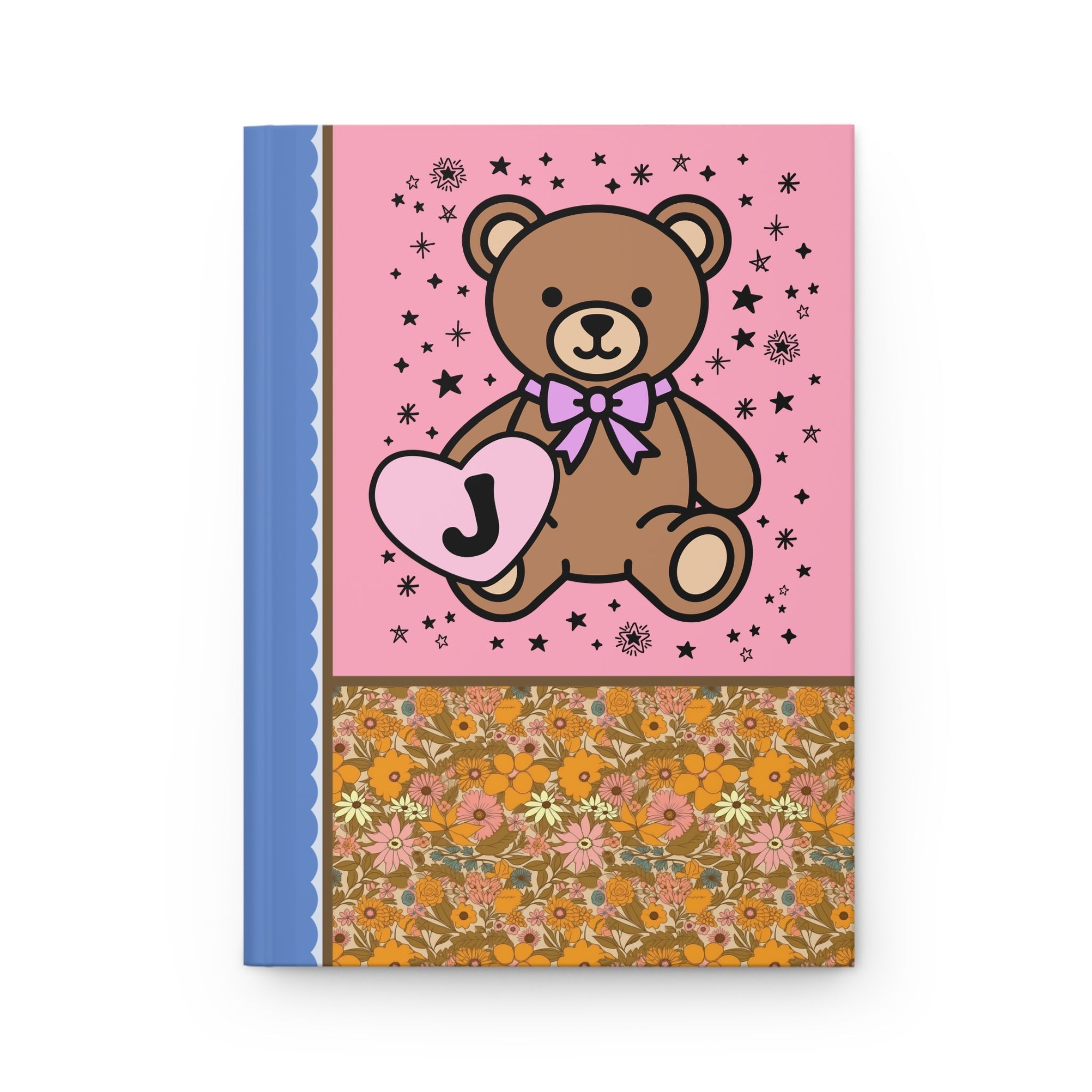 Cute Floral Initial Notebook with Cottagecore Bear Holding a Heart: J - Opal and June