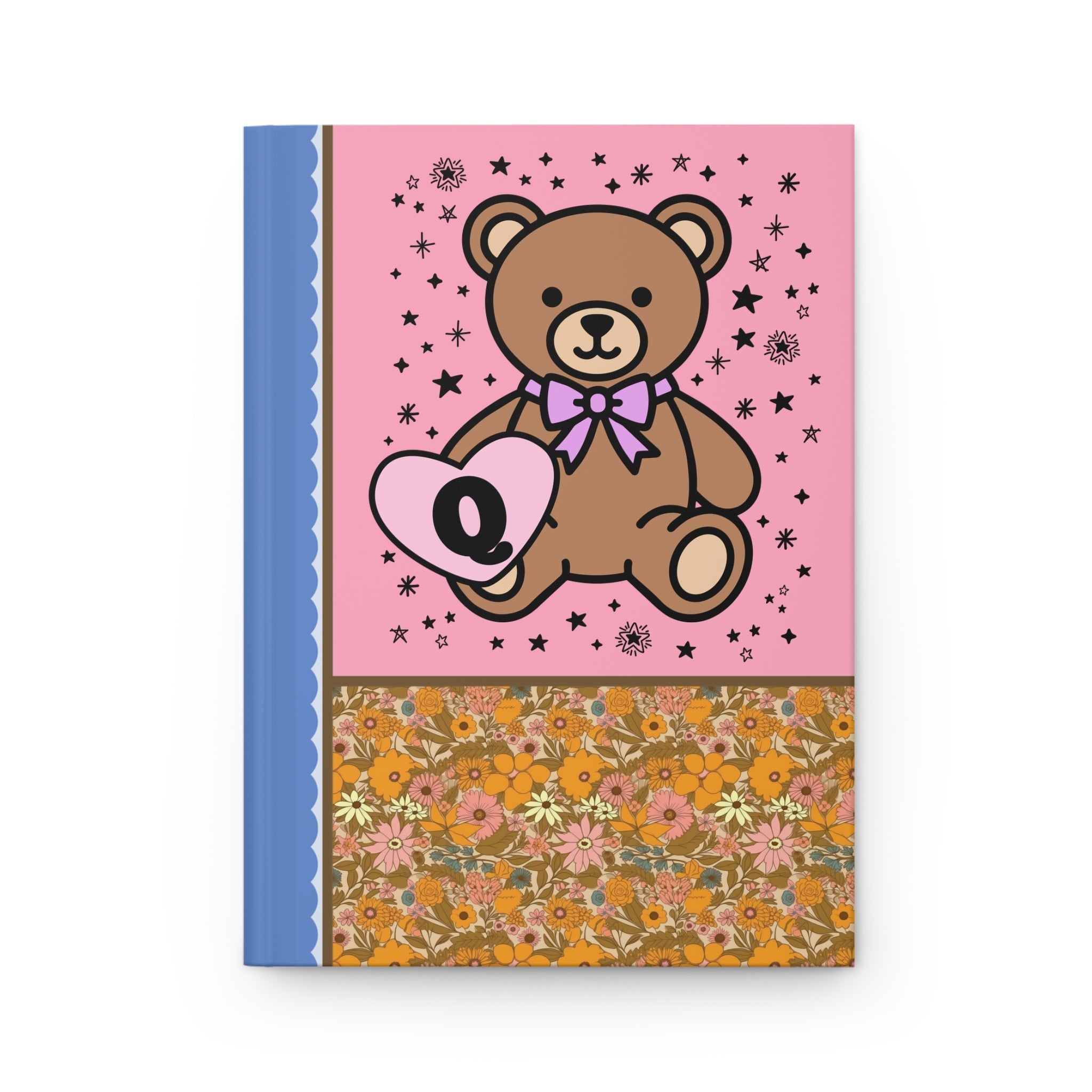 Cute Floral Initial Notebook with Cottagecore Bear Holding a Heart: Q - Opal and June