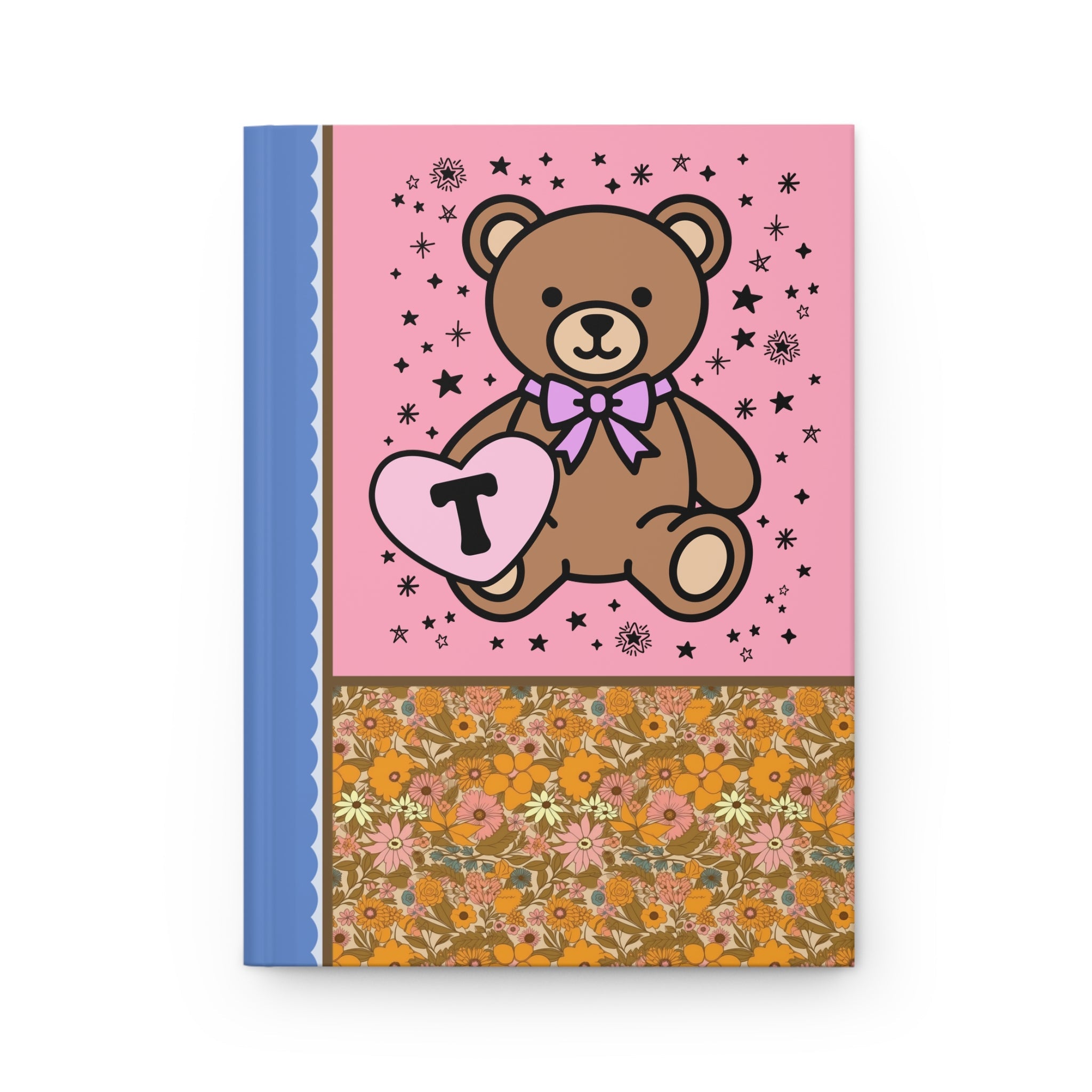 Cute Floral Initial Notebook with Cottagecore Bear Holding a Heart: T - Opal and June