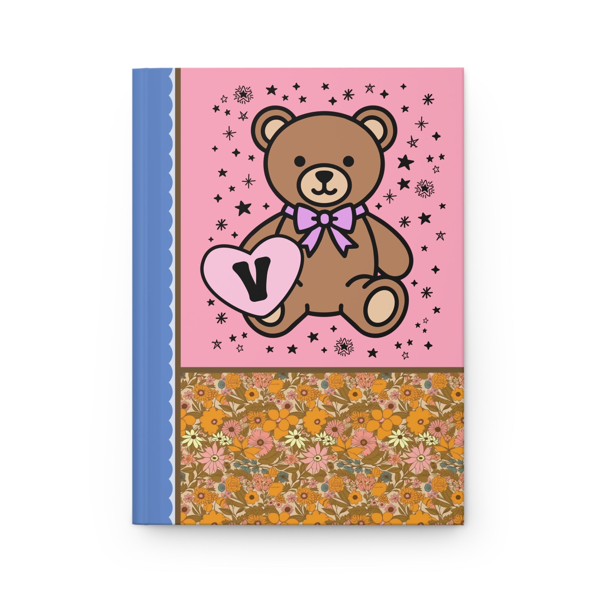 Cute Floral Initial Notebook with Cottagecore Bear Holding a Heart: V - Opal and June