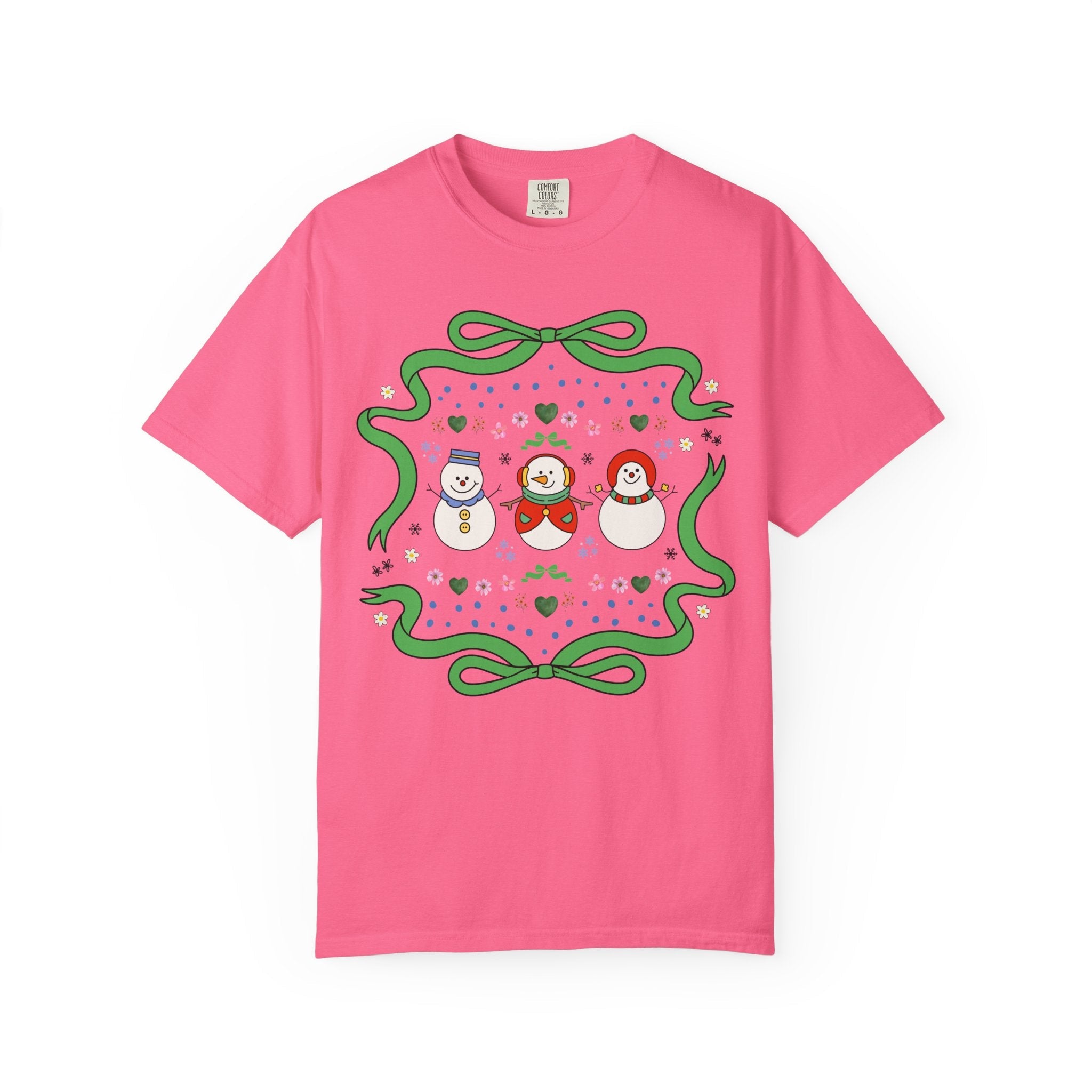 Cute Floral Snowman Tee Shirt for Holidays, Retro Aesthetic Teacher Christmas Tee with Ribbon, Matching Holiday Tee Shirt for Family or Work - Opal and June