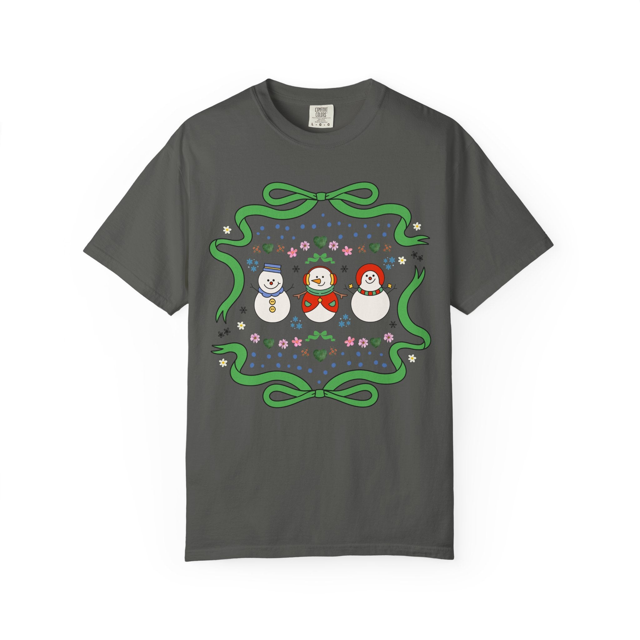 Cute Floral Snowman Tee Shirt for Holidays, Retro Aesthetic Teacher Christmas Tee with Ribbon, Matching Holiday Tee Shirt for Family or Work - Opal and June