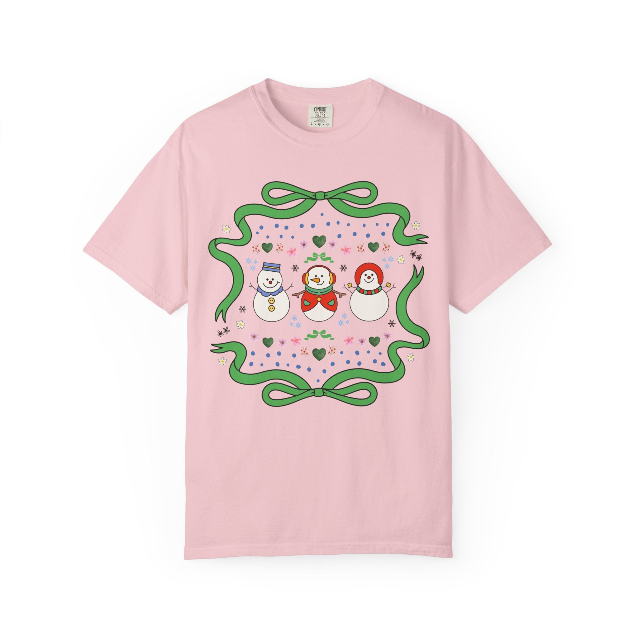 Cute Floral Snowman Tee Shirt for Holidays, Retro Aesthetic Teacher Christmas Tee with Ribbon, Matching Holiday Tee Shirt for Family or Work - Opal and June