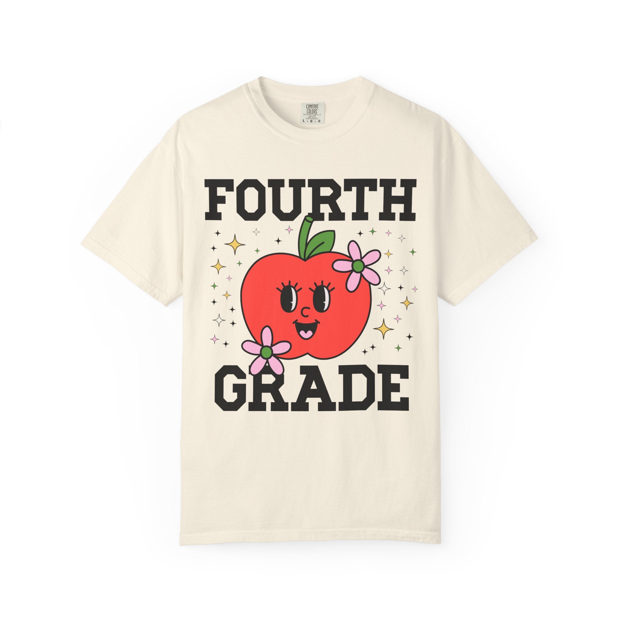 Cute Fourth Grade Teacher Tee Shirt with Adorable Retro Apple with Flowers, Teacher Team T-Shirt, Back to School or Meet the Teacher Night - Opal and June