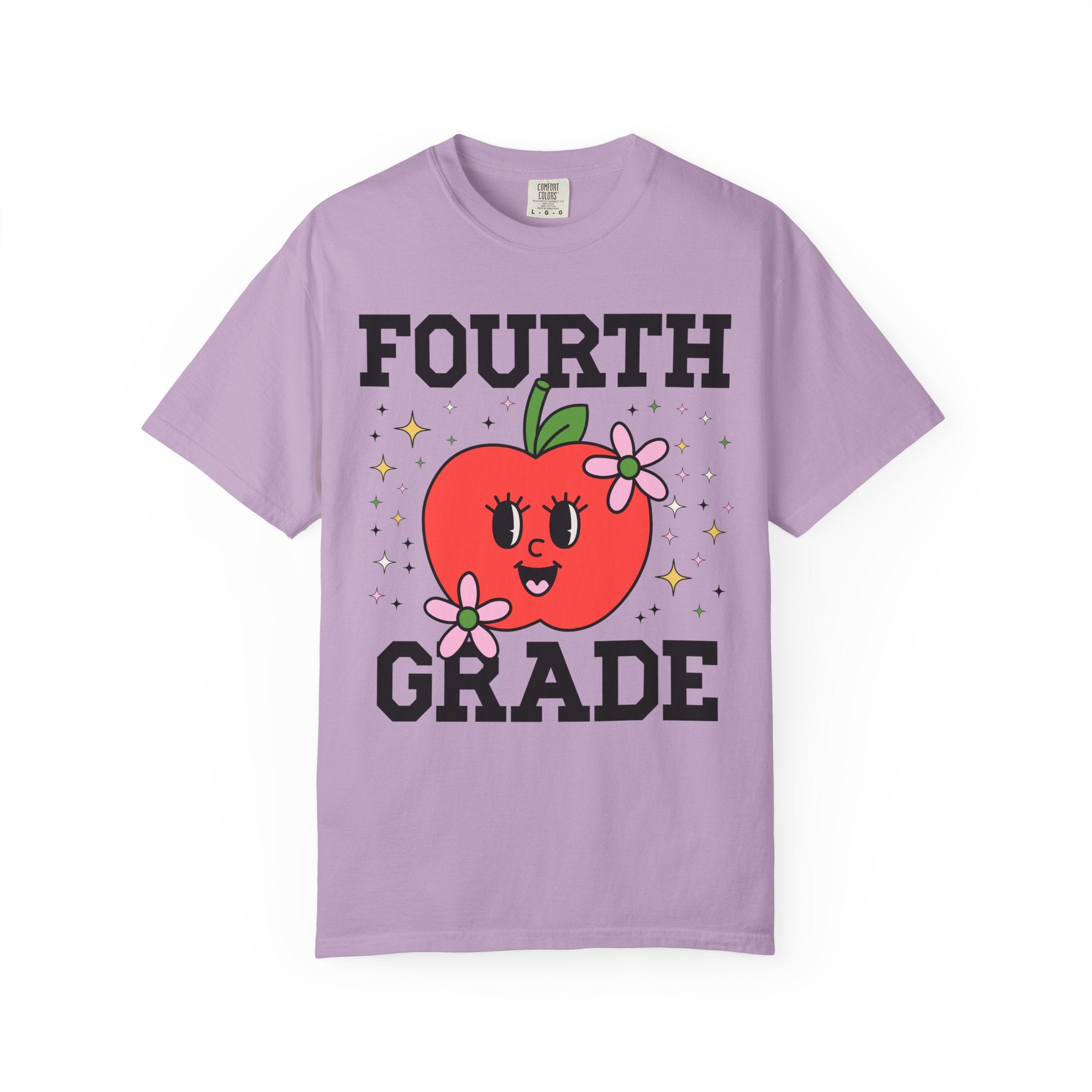 Cute Fourth Grade Teacher Tee Shirt with Adorable Retro Apple with Flowers, Teacher Team T-Shirt, Back to School or Meet the Teacher Night - Opal and June