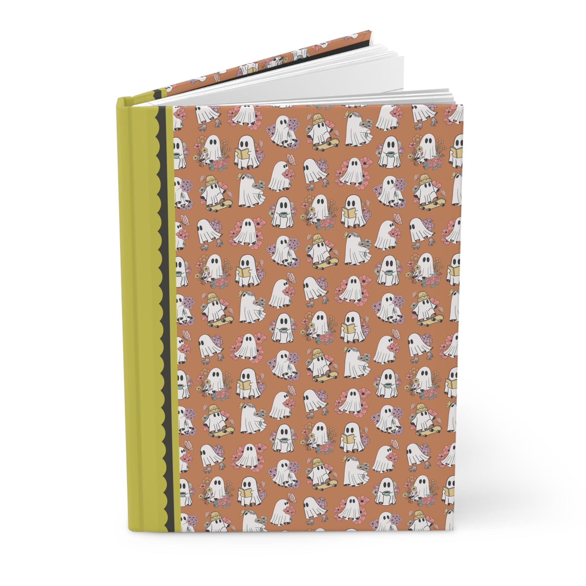 Cute Ghost Lover Notebook with Flowers, Adorable Y2k Aesthetic Spooky Season Journal with Lined Pages, Retro Halloween Gift for Teacher or Student - Opal and June