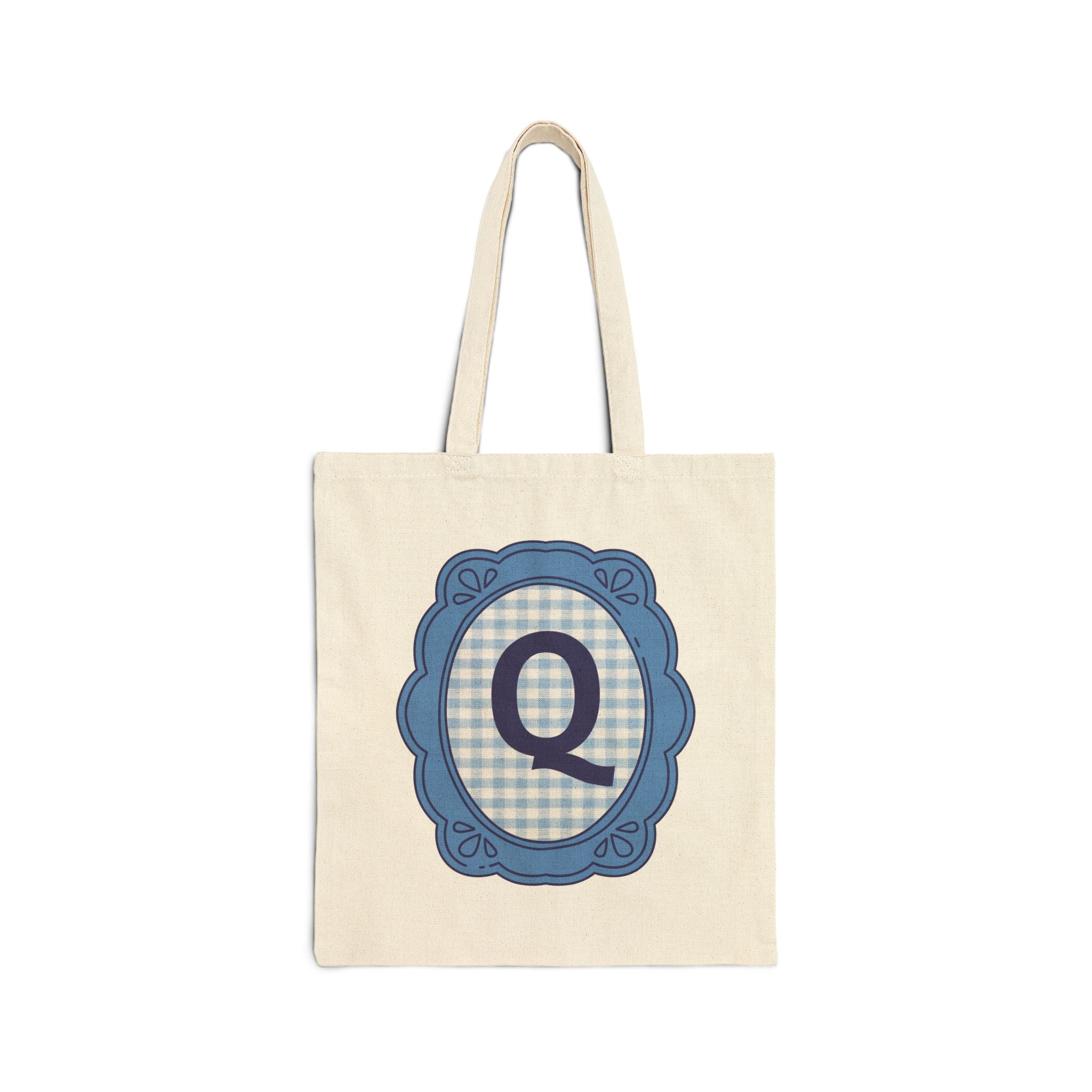 Cute Initial Tote Bag for Daughter, Gingham Birthday Present for Niece, Cousin or Sister, Pretty Matching Bachelorette Tote for Bridesmaid Q - Opal and June