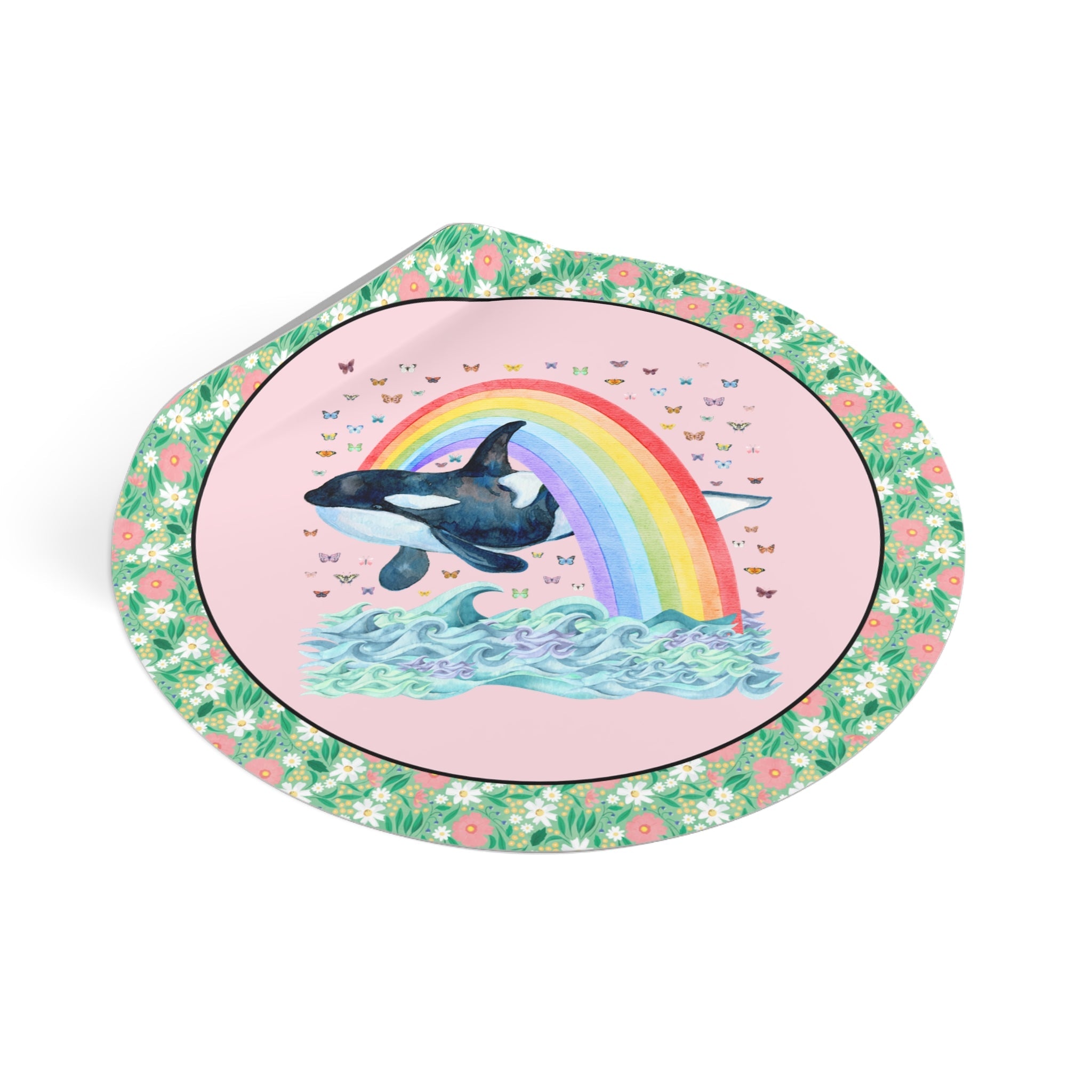 Cute Killer Whale Ocean Animal Sticker with Rainbow and Butterflies, Funny Animal Lover Shirt of Orca Whale, Nineties Aesthetic Animal Gift - Opal and June