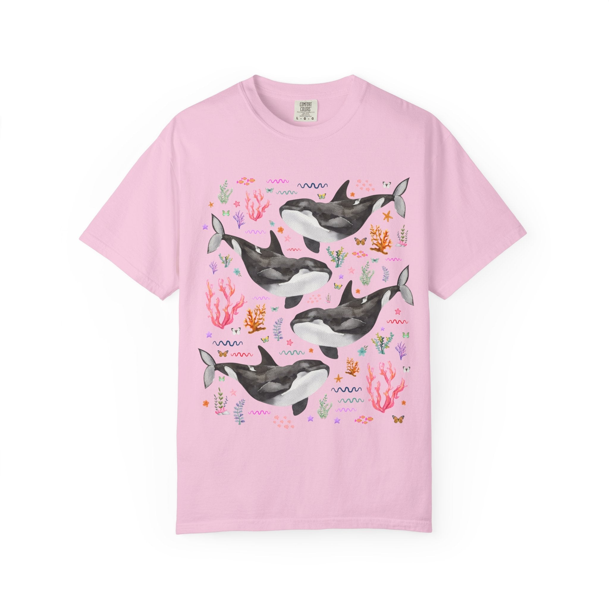 Cute Killer Whale Ocean Animal Tee Shirt with Butterflies and Coral, Funny Animal Lover Shirt of Orca Whale, Nineties Aesthetic Animal Tee - Opal and June