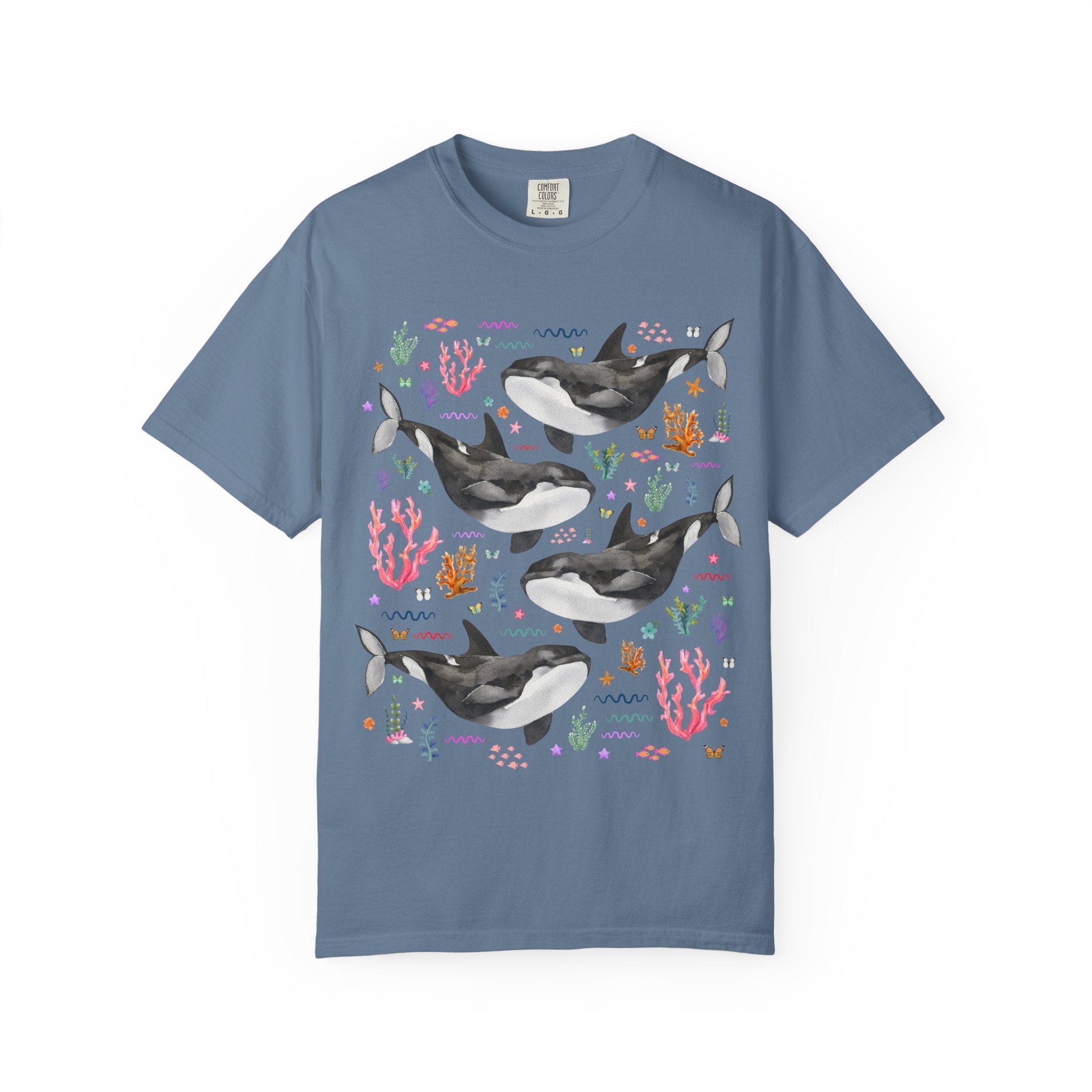 Cute Killer Whale Ocean Animal Tee Shirt with Butterflies and Coral, Funny Animal Lover Shirt of Orca Whale, Nineties Aesthetic Animal Tee - Opal and June