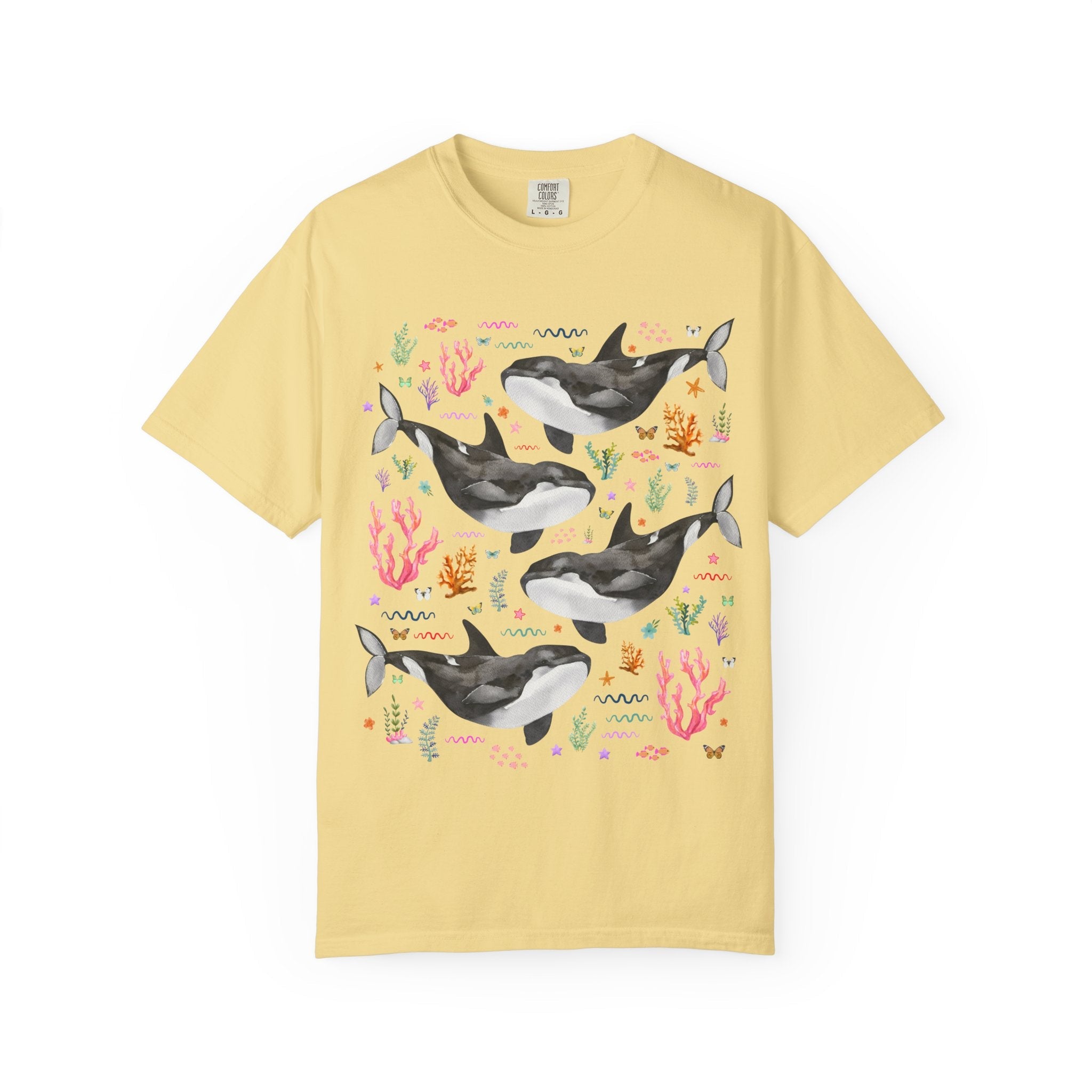 Cute Killer Whale Ocean Animal Tee Shirt with Butterflies and Coral, Funny Animal Lover Shirt of Orca Whale, Nineties Aesthetic Animal Tee - Opal and June
