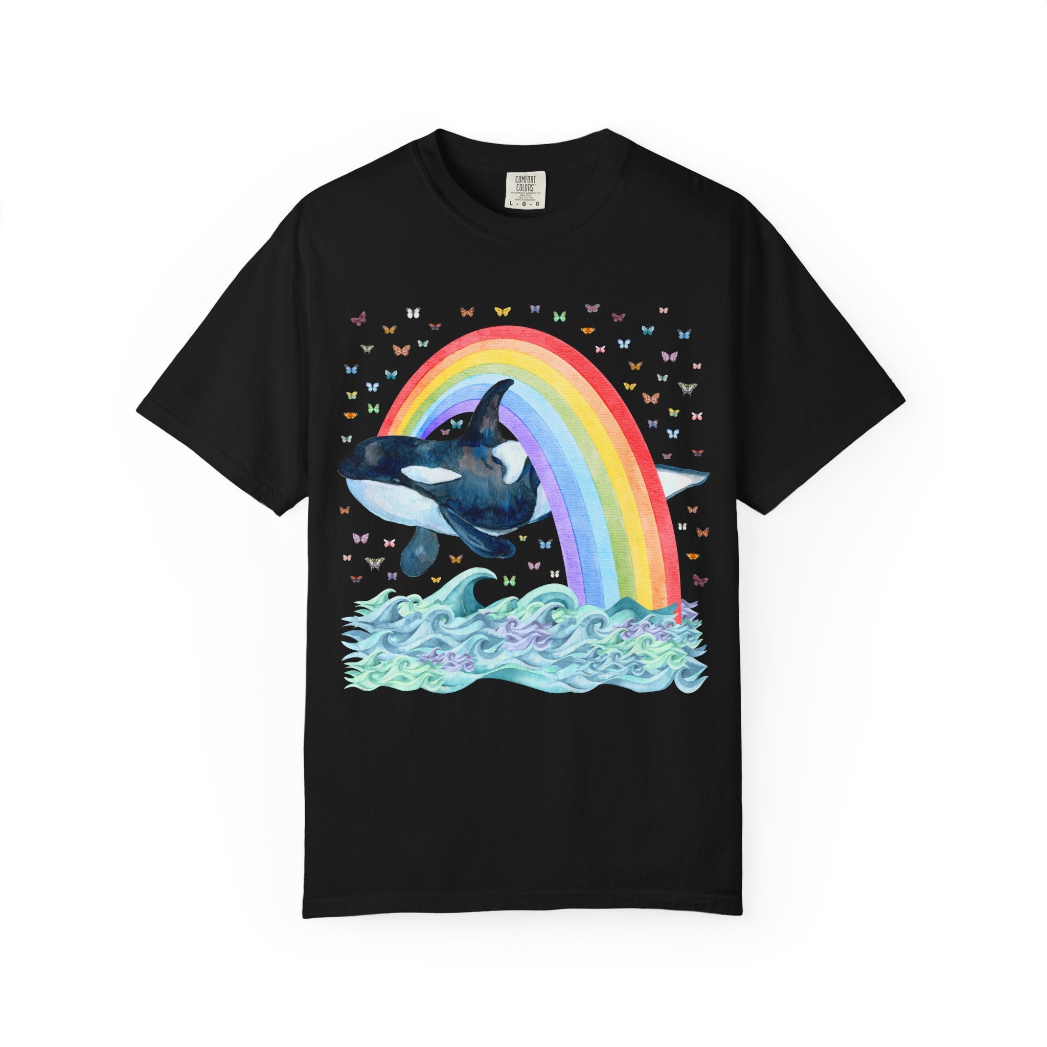 Cute Killer Whale Ocean Animal Tee Shirt with Rainbow and Butterflies, Funny Animal Lover Shirt of Orca Whale, Nineties Aesthetic Animal Tee - Opal and June