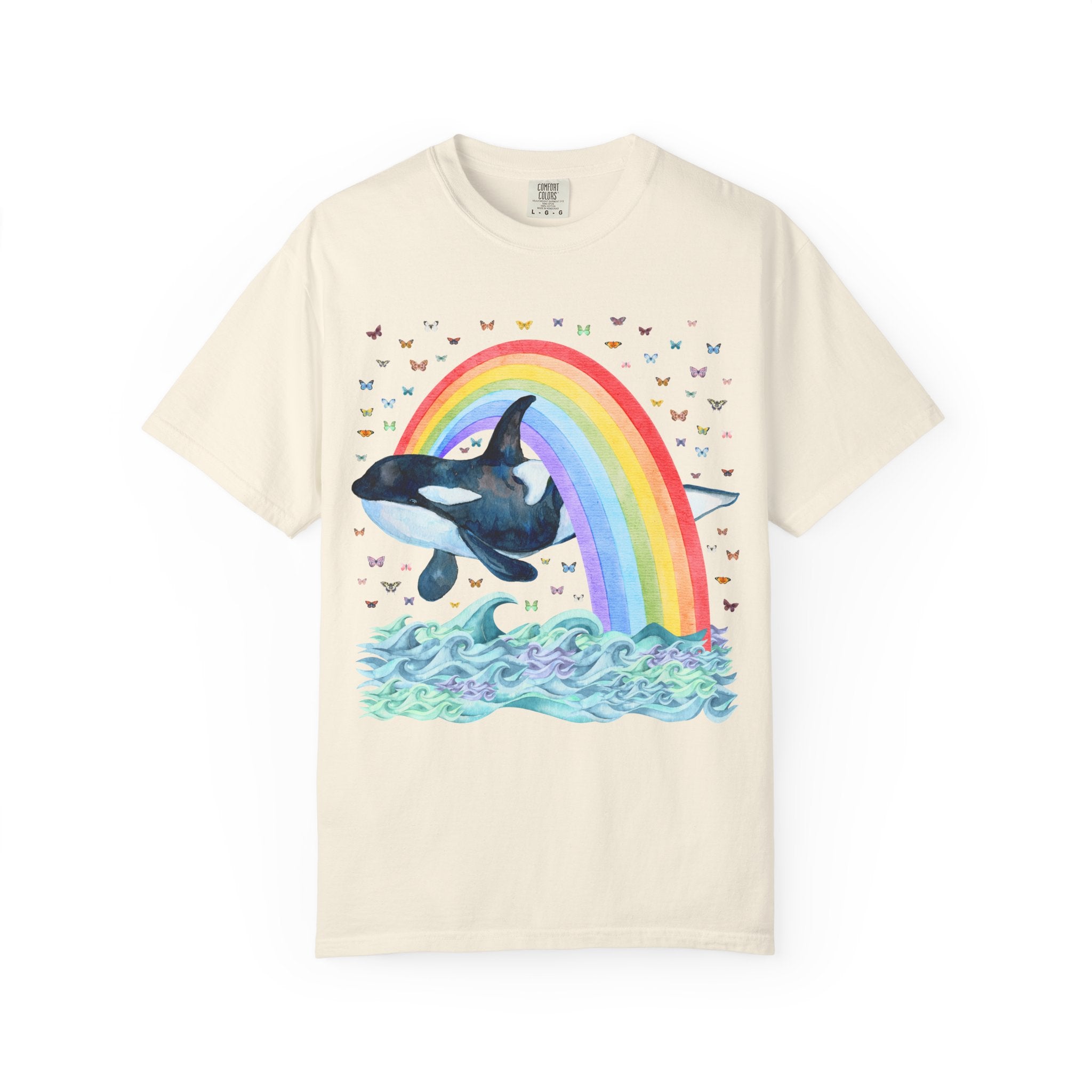Cute Killer Whale Ocean Animal Tee Shirt with Rainbow and Butterflies, Funny Animal Lover Shirt of Orca Whale, Nineties Aesthetic Animal Tee - Opal and June