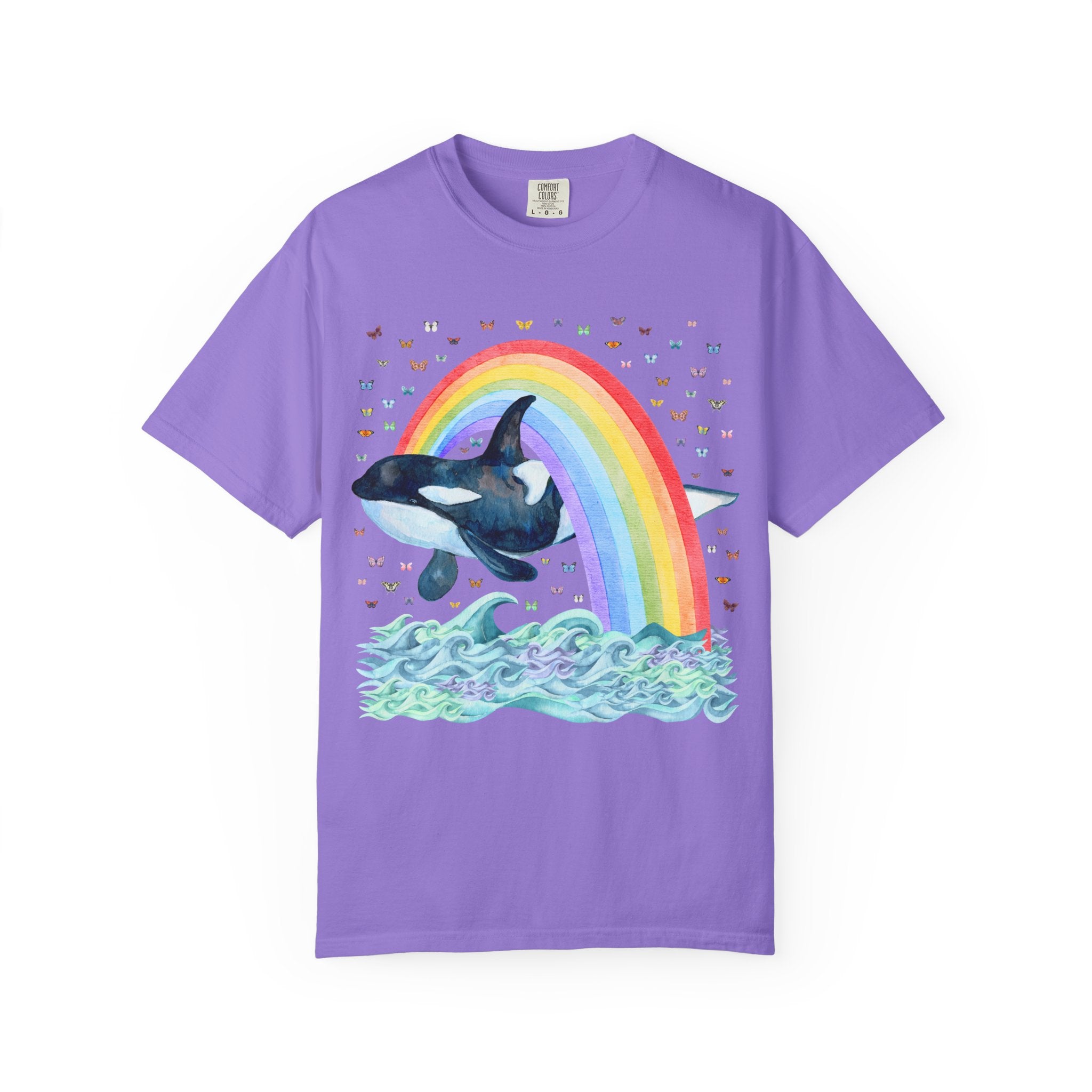 Cute Killer Whale Ocean Animal Tee Shirt with Rainbow and Butterflies, Funny Animal Lover Shirt of Orca Whale, Nineties Aesthetic Animal Tee - Opal and June