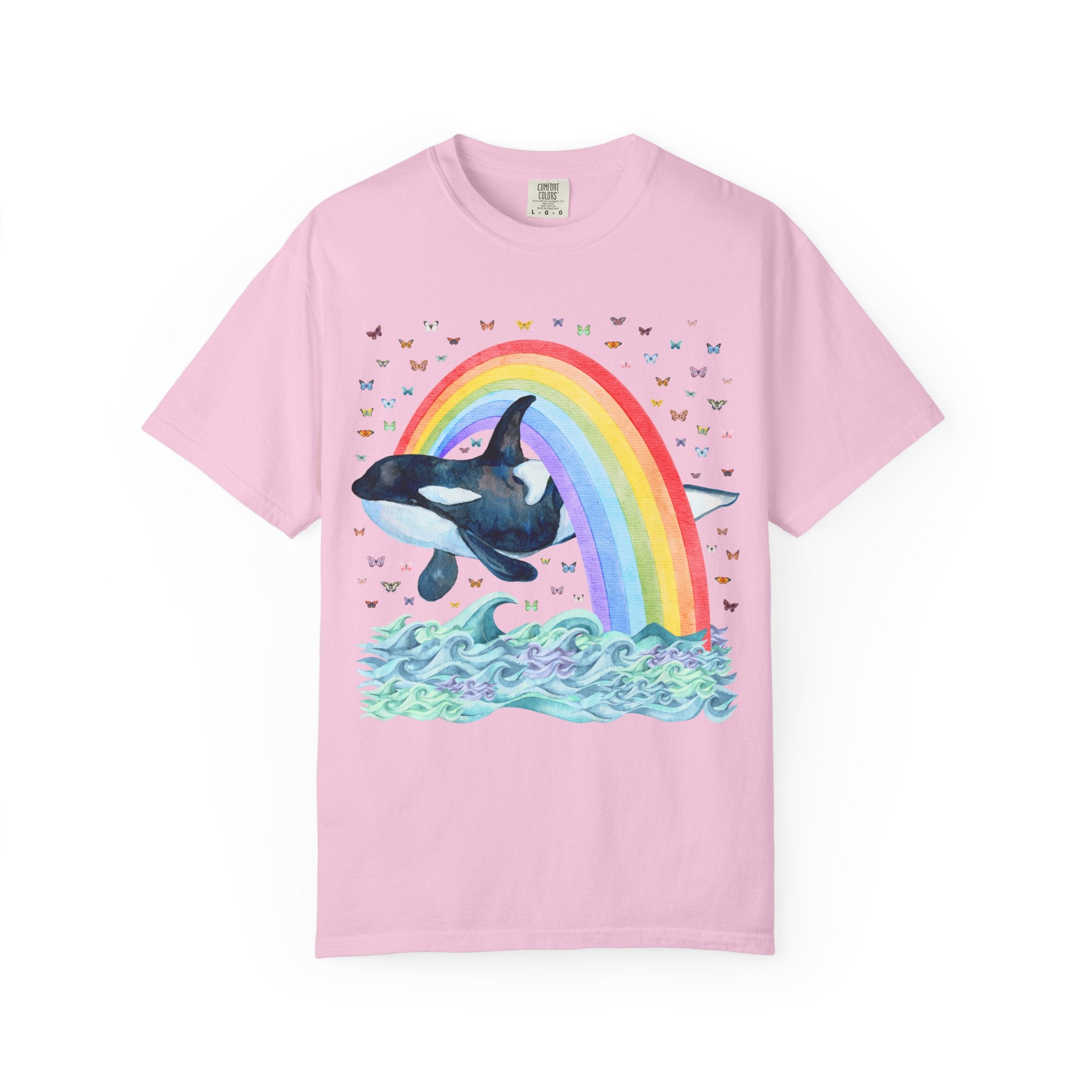 Cute Killer Whale Ocean Animal Tee Shirt with Rainbow and Butterflies, Funny Animal Lover Shirt of Orca Whale, Nineties Aesthetic Animal Tee - Opal and June