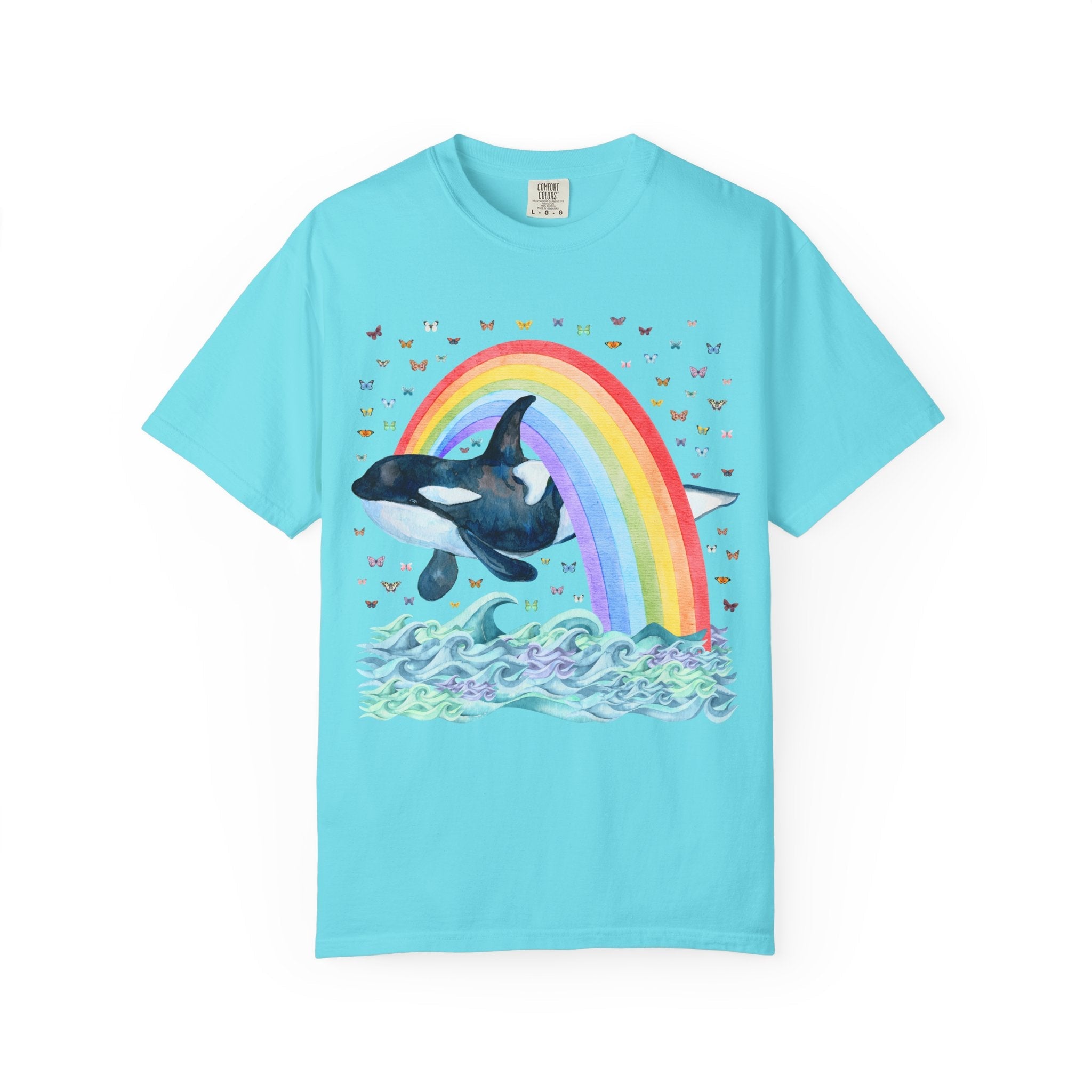 Cute Killer Whale Ocean Animal Tee Shirt with Rainbow and Butterflies, Funny Animal Lover Shirt of Orca Whale, Nineties Aesthetic Animal Tee - Opal and June