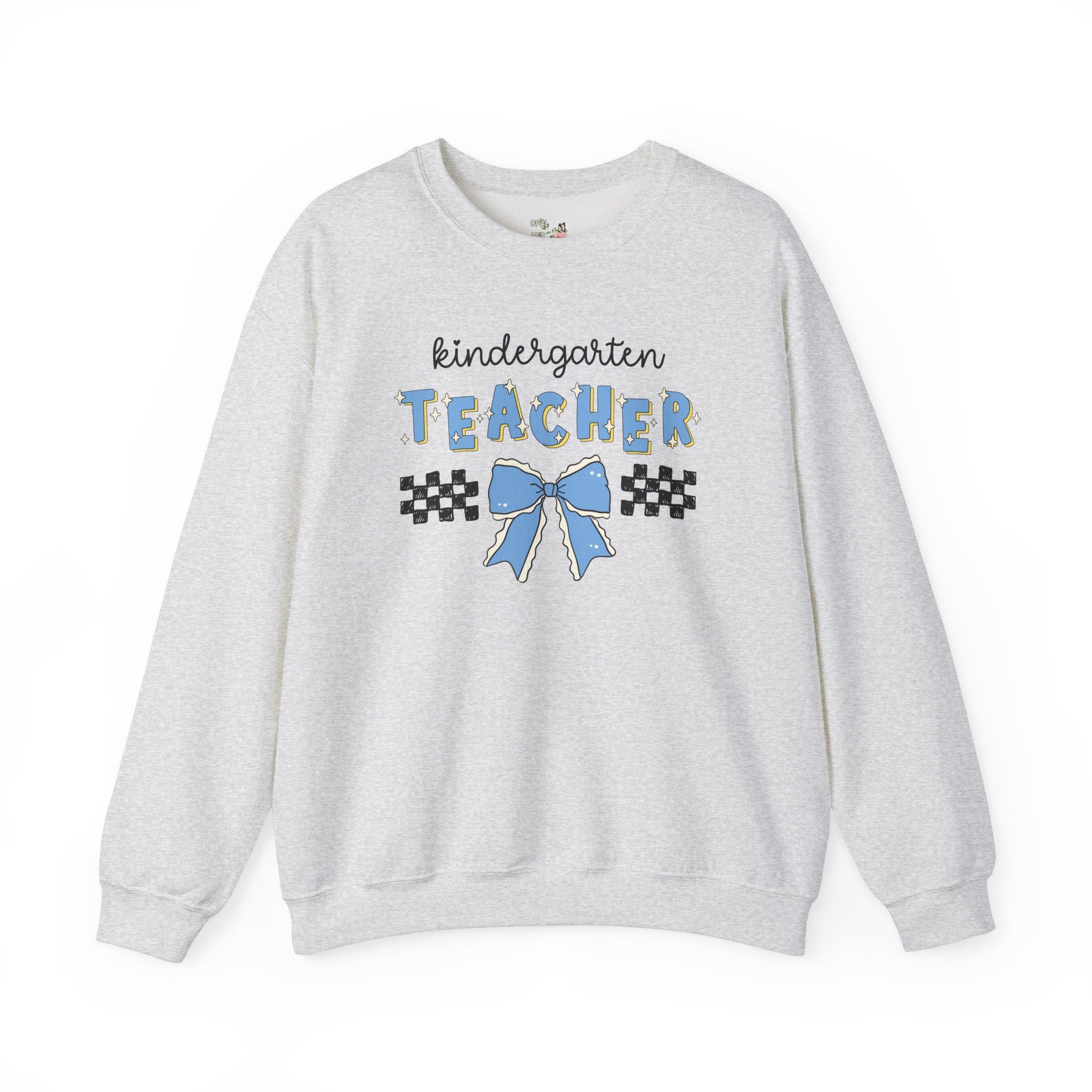 Cute Kindergarten Teacher Sweatshirt with Bow, Kindergarten Crew Matching Teacher Shirt for First Day of School or Meet Your Teacher Night - Opal and June