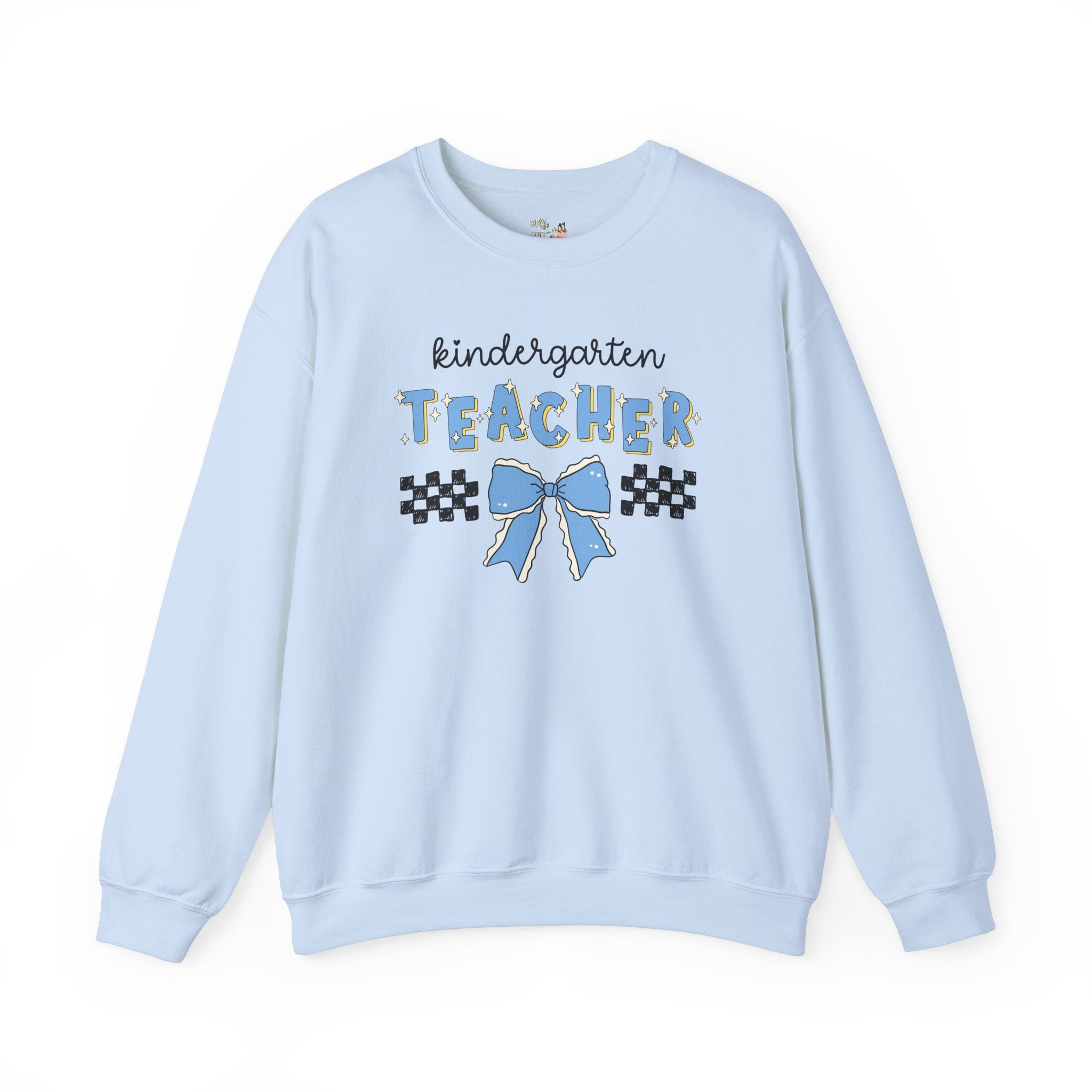 Cute Kindergarten Teacher Sweatshirt with Bow, Kindergarten Crew Matching Teacher Shirt for First Day of School or Meet Your Teacher Night - Opal and June
