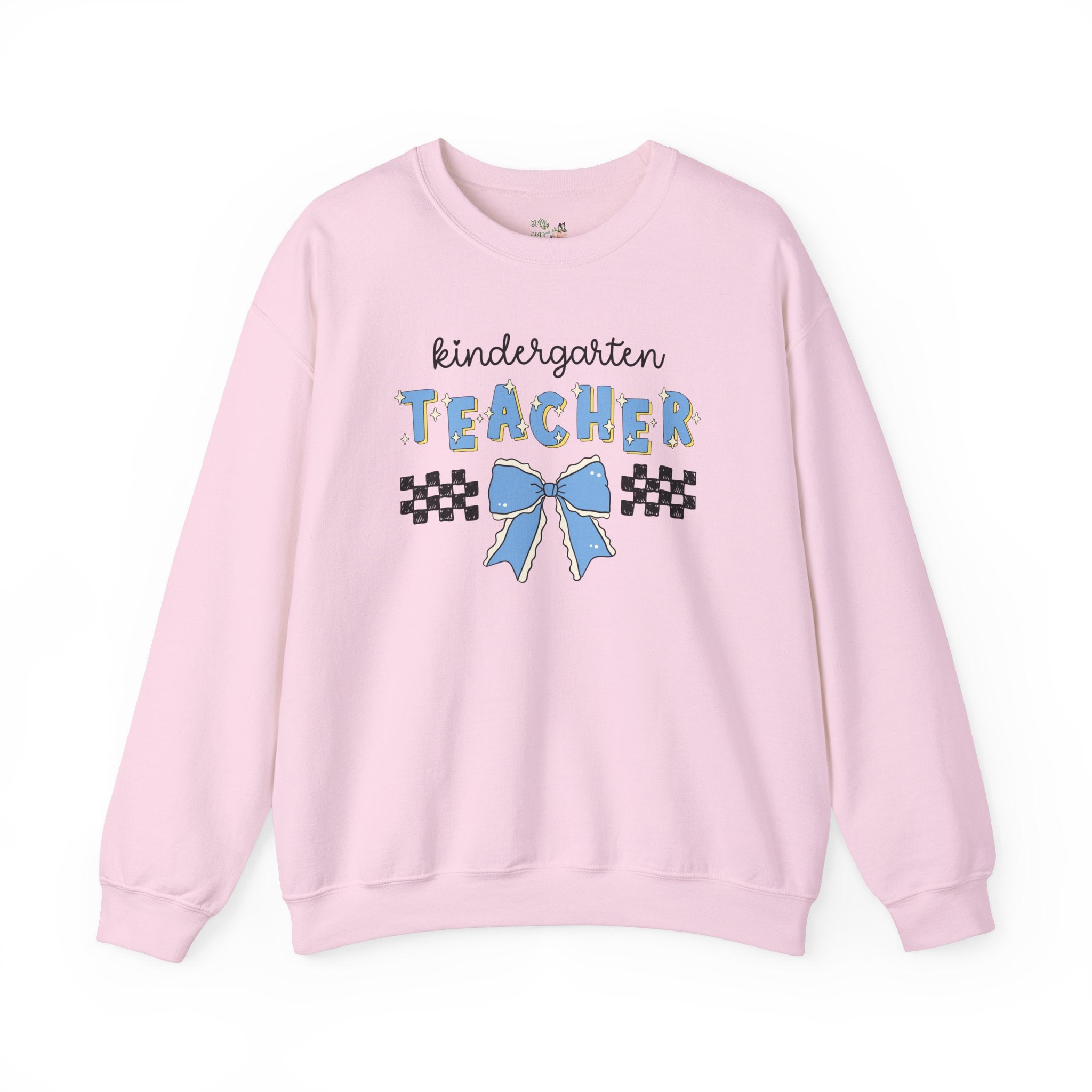 Cute Kindergarten Teacher Sweatshirt with Bow, Kindergarten Crew Matching Teacher Shirt for First Day of School or Meet Your Teacher Night - Opal and June