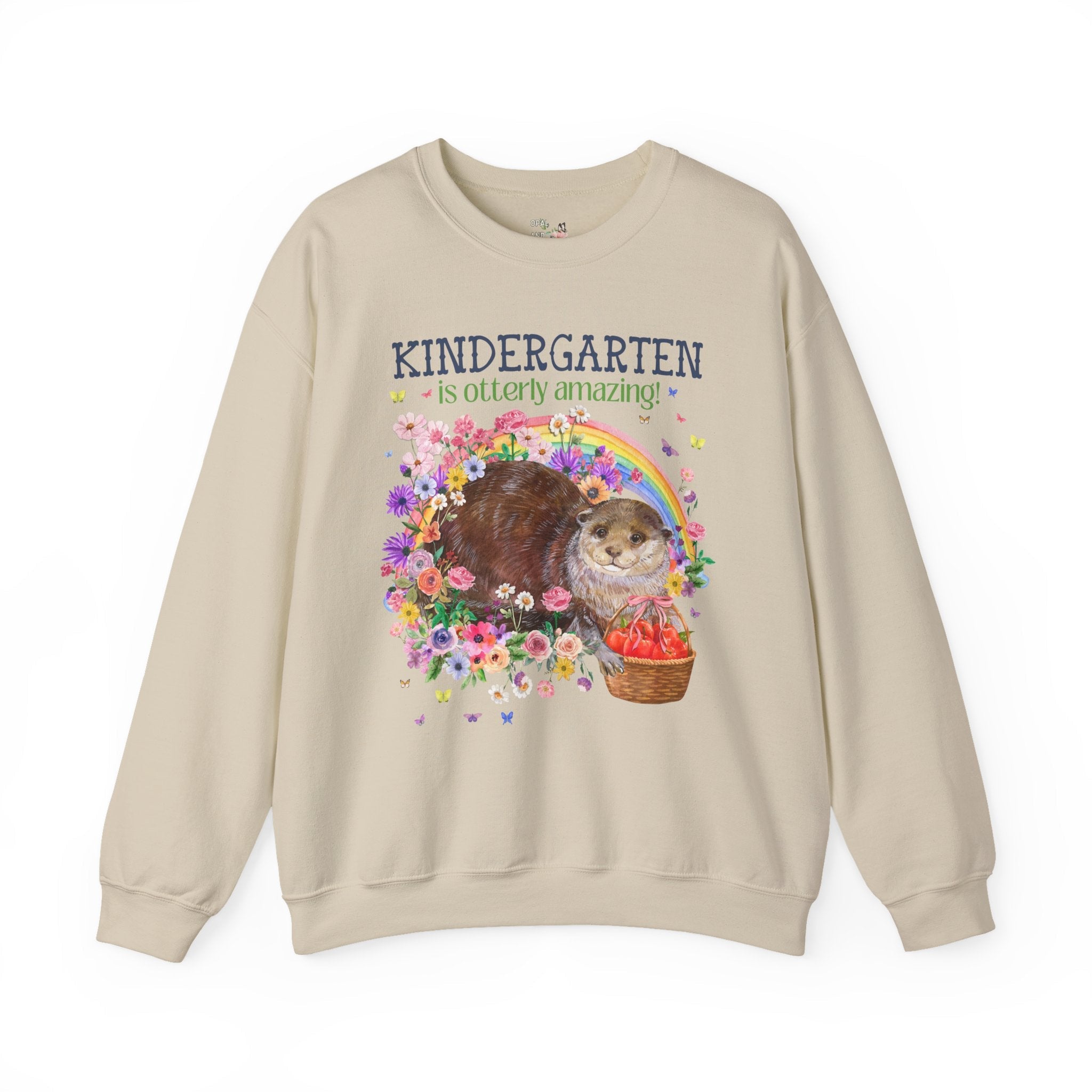 Cute Kindergarten Teacher Sweatshirt with Otter in Flowers, Funny 90s Throwback Animal Lover Crewneck for Back to School, New Teacher Gift - Opal and June