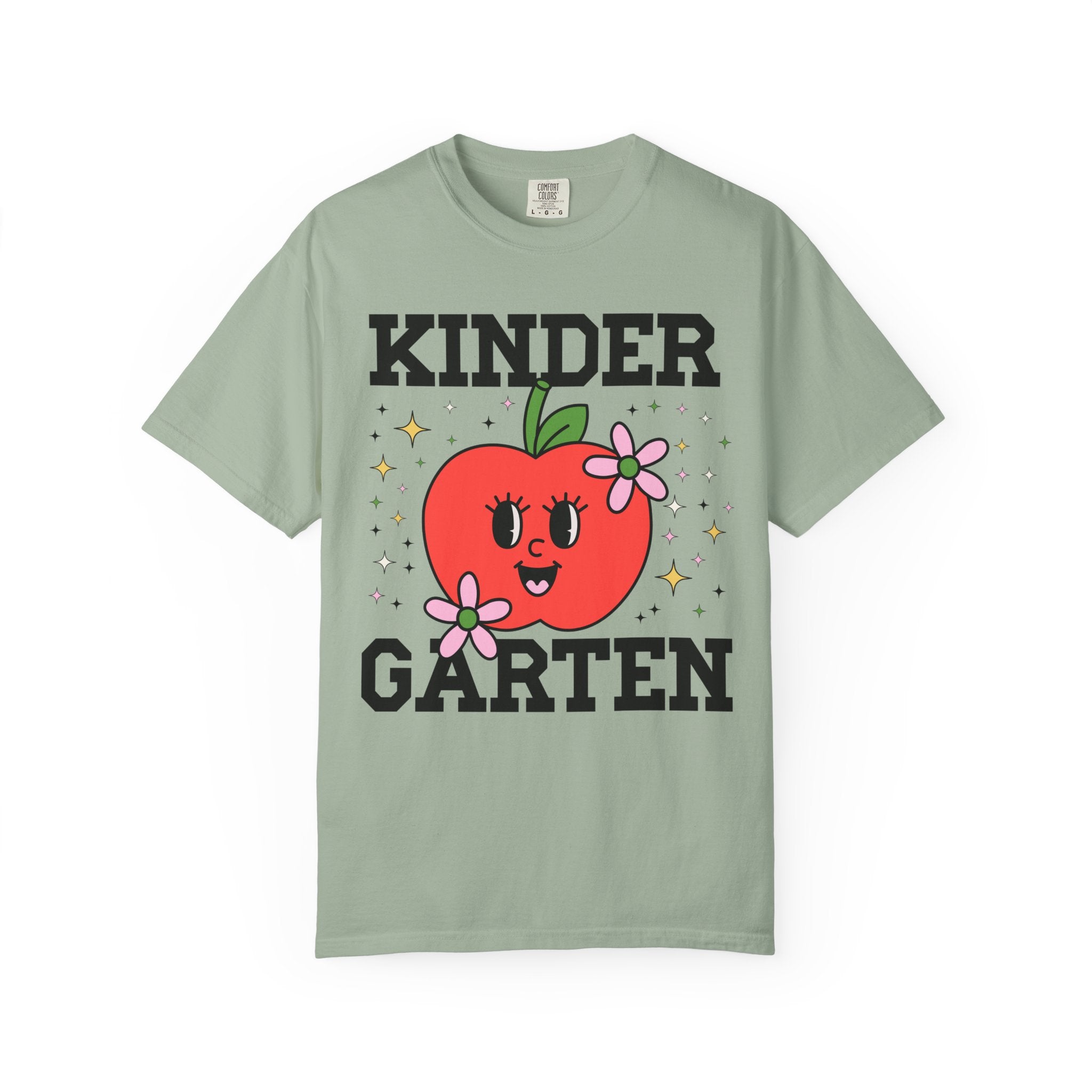 Cute Kindergarten Teacher Tee Shirt with Adorable Retro Apple with Flowers, Teacher Team T-Shirt, Back to School or Meet the Teacher Night - Opal and June