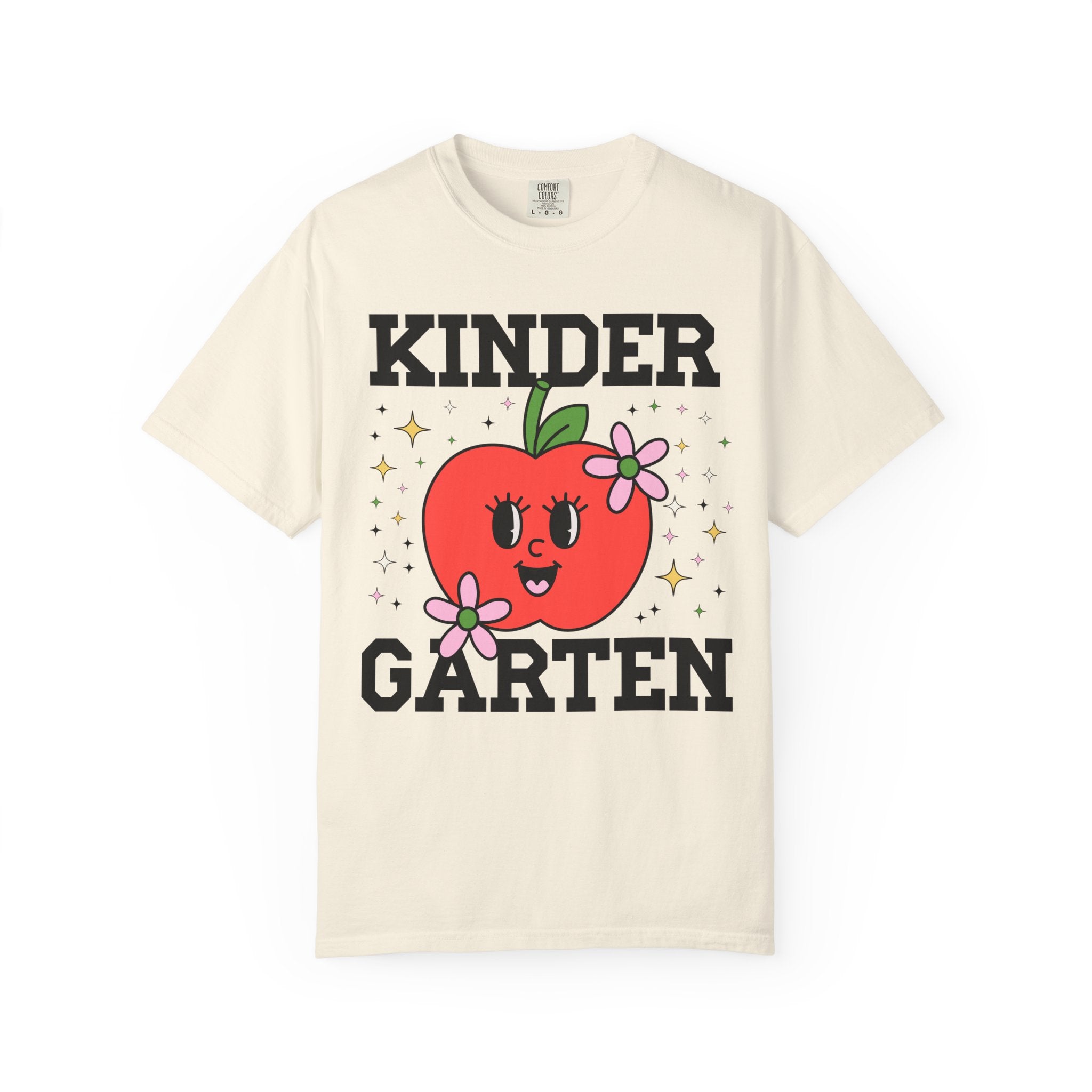 Cute Kindergarten Teacher Tee Shirt with Adorable Retro Apple with Flowers, Teacher Team T-Shirt, Back to School or Meet the Teacher Night - Opal and June