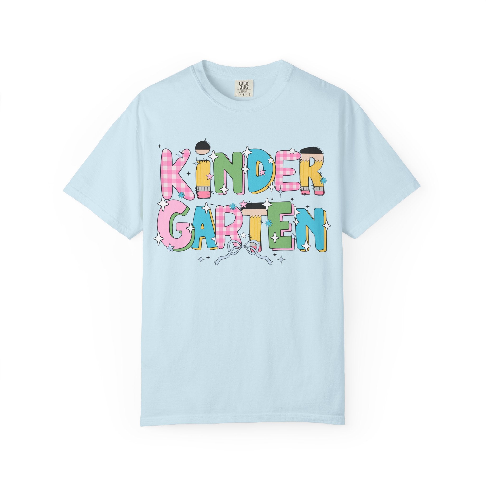 Cute Kindergarten Teacher Tee Shirt with Bow and Adorable Early 2000s Style Doodles, Teacher Team Tee, Back to School, First Day of School - Opal and June