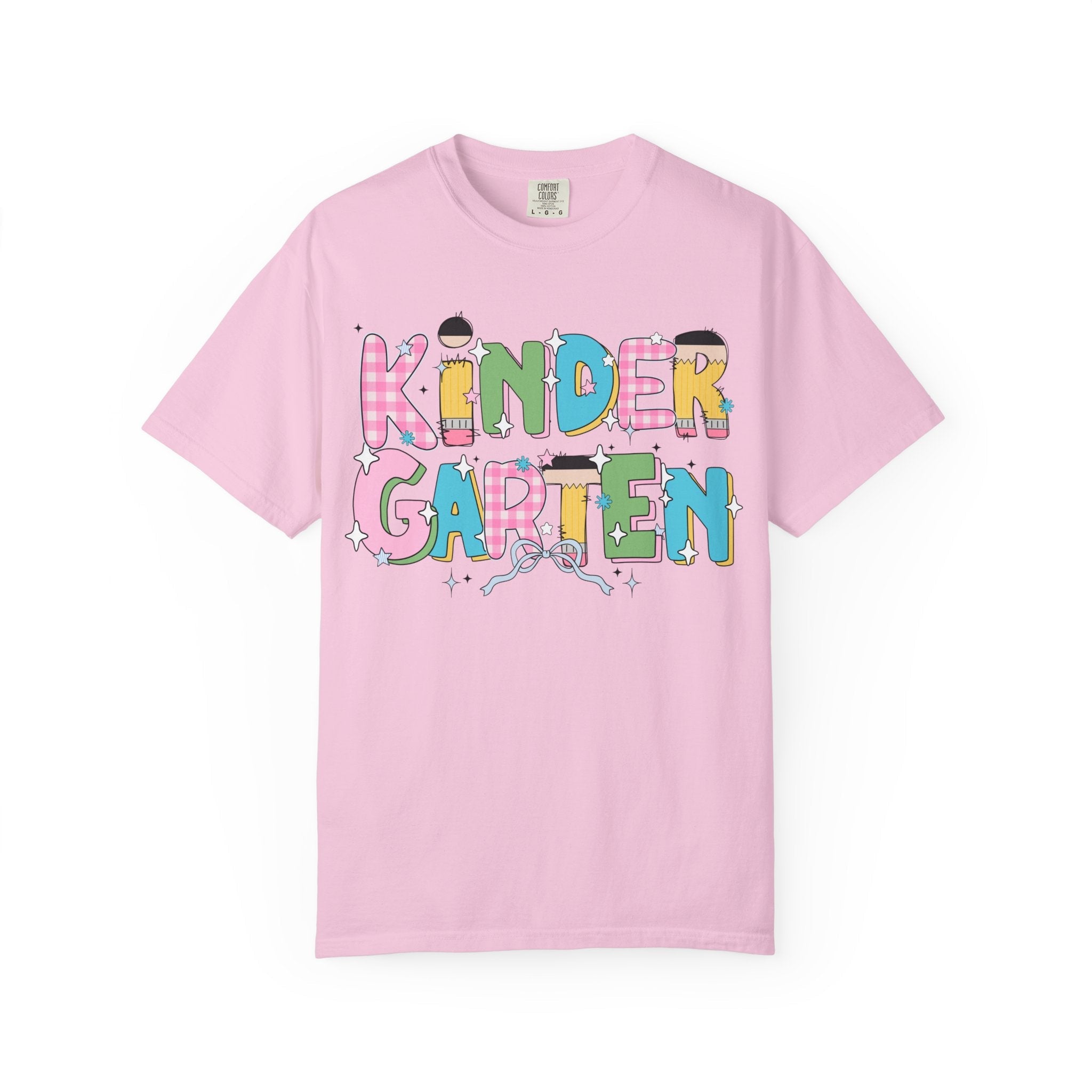 Cute Kindergarten Teacher Tee Shirt with Bow and Adorable Early 2000s Style Doodles, Teacher Team Tee, Back to School, First Day of School - Opal and June