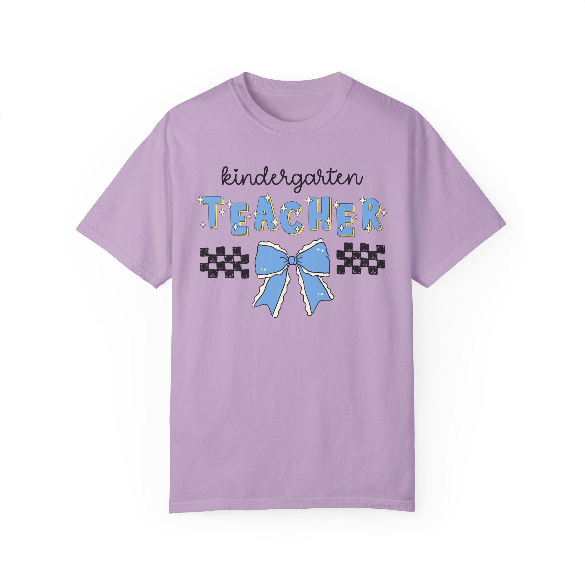 Cute Kindergarten Teacher Tee Shirt with Bow, Kindergarten Crew Matching Teacher T-Shirt for First Day of School or Meet Your Teacher Night - Opal and June