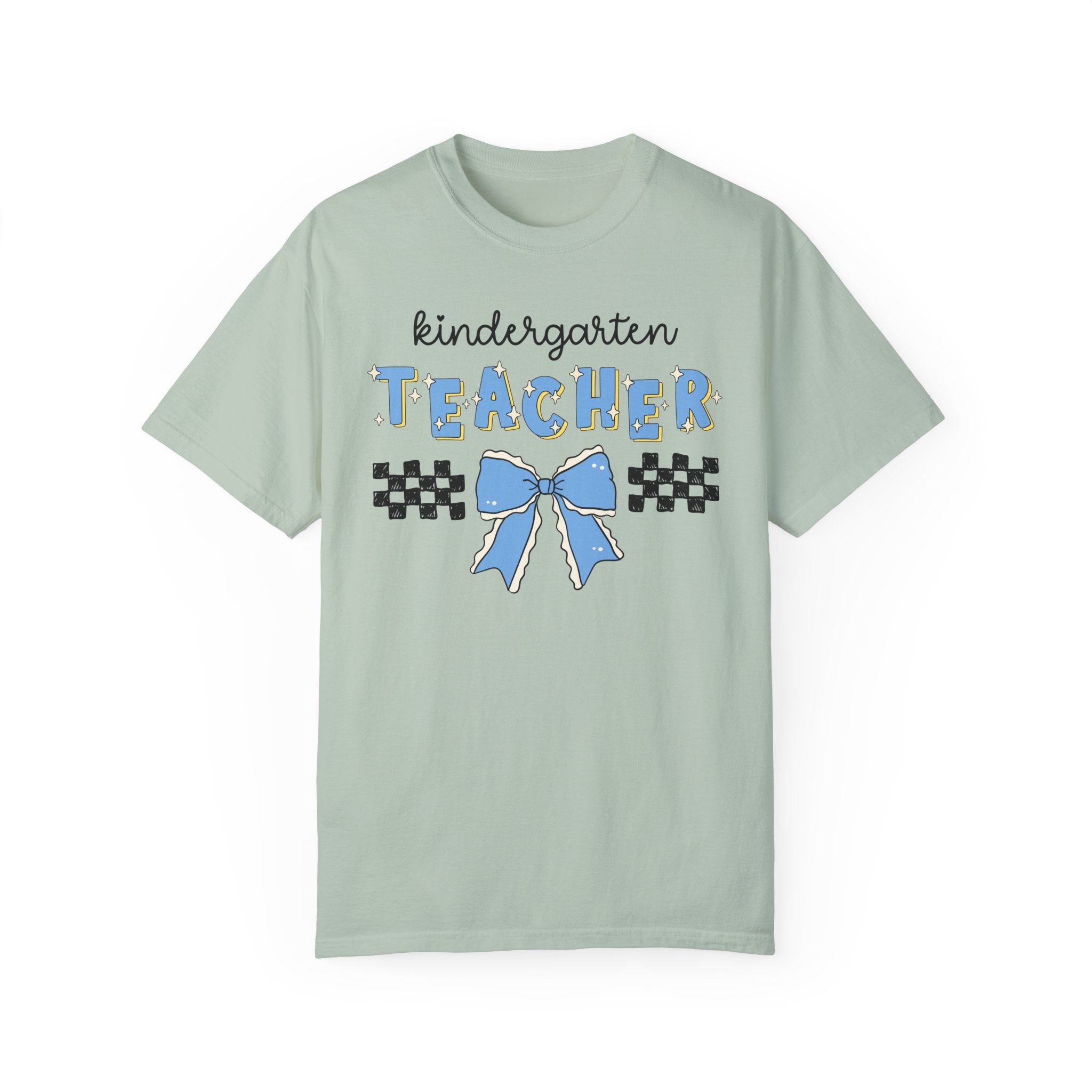 Cute Kindergarten Teacher Tee Shirt with Bow, Kindergarten Crew Matching Teacher T-Shirt for First Day of School or Meet Your Teacher Night - Opal and June