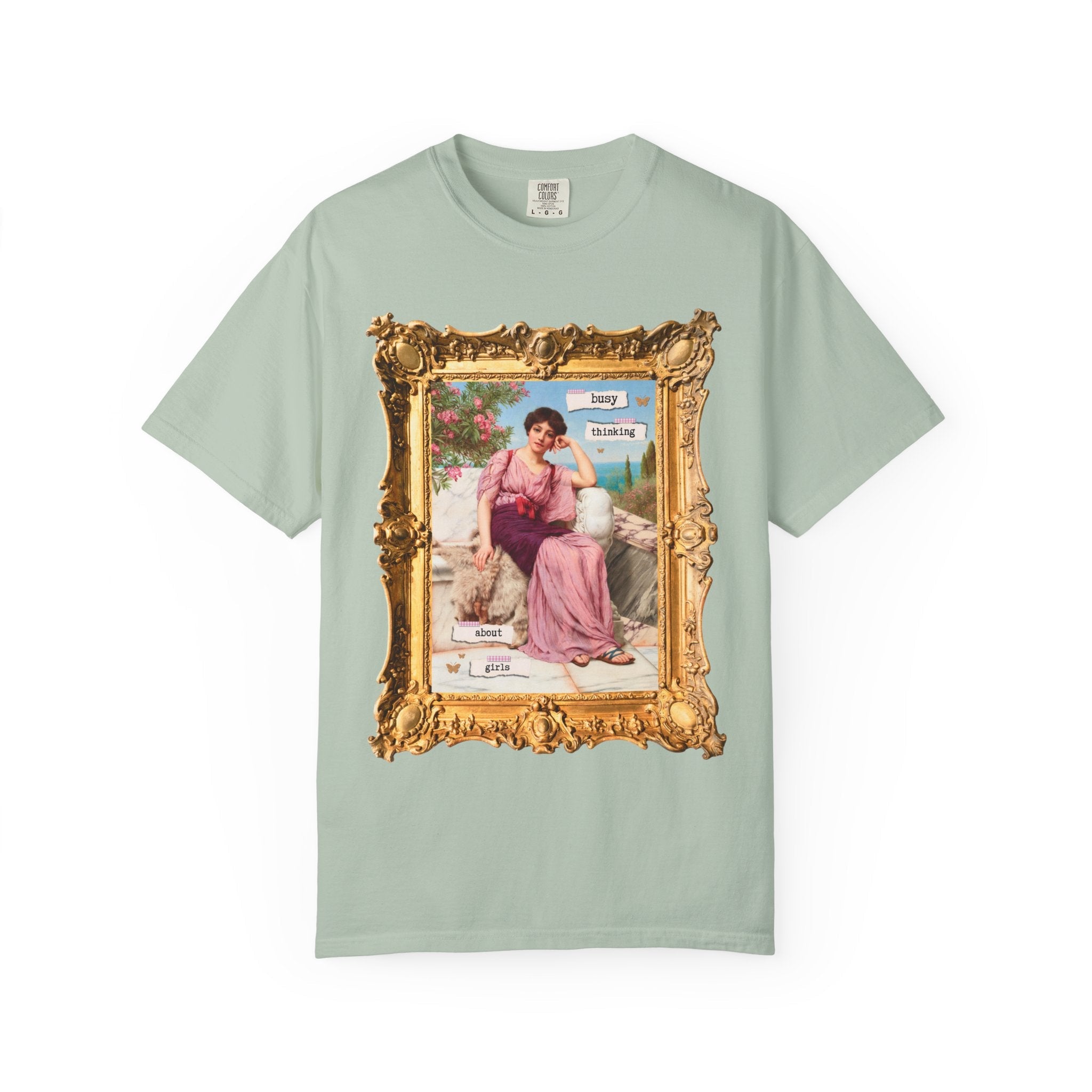 Cute Lesbian Tee Shirt: Busy Thinking Abut Girls, Funny Saying Pride Month T-Shirt for Gay Sister, John William Goddard Art History Painting - Opal and June