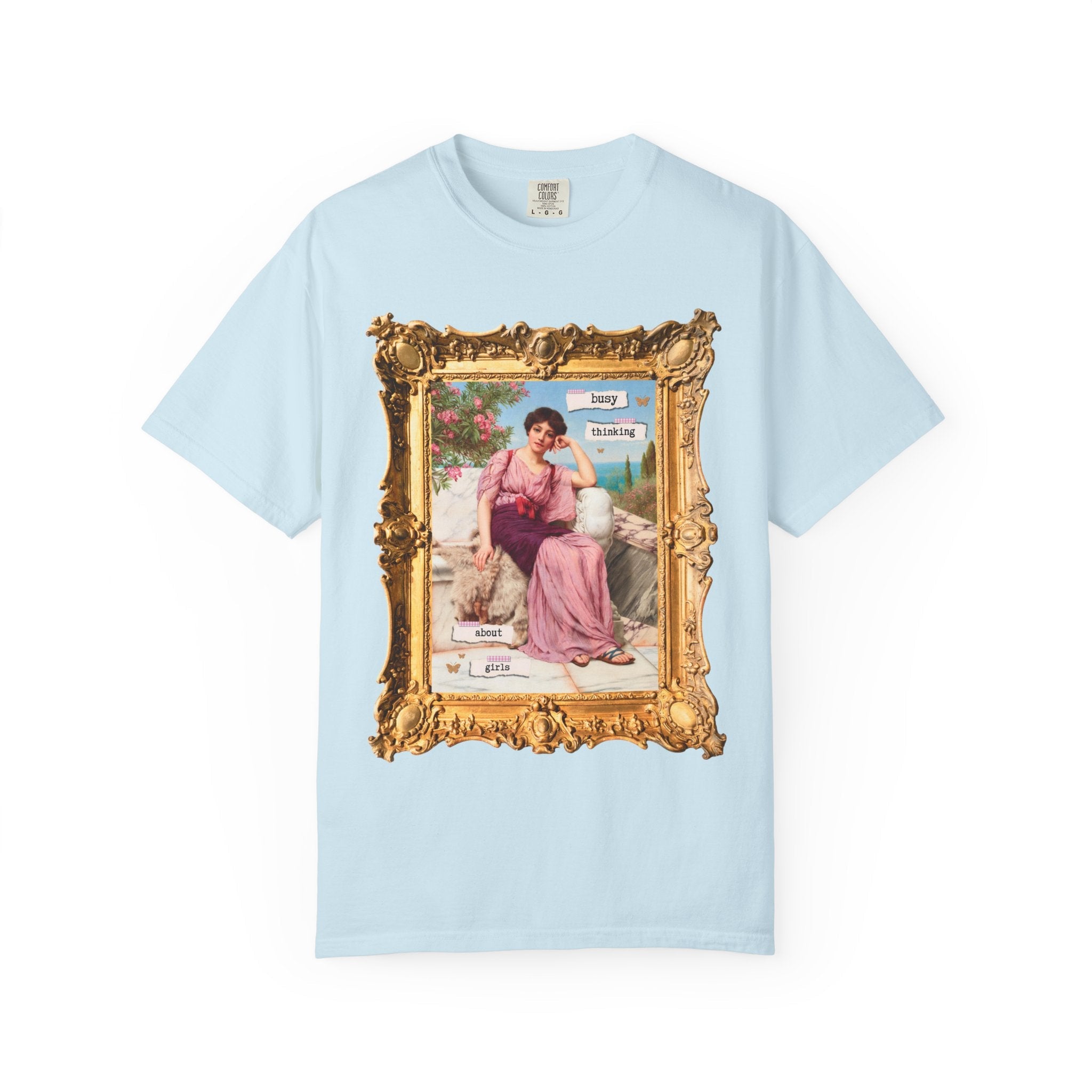 Cute Lesbian Tee Shirt: Busy Thinking Abut Girls, Funny Saying Pride Month T-Shirt for Gay Sister, John William Goddard Art History Painting - Opal and June